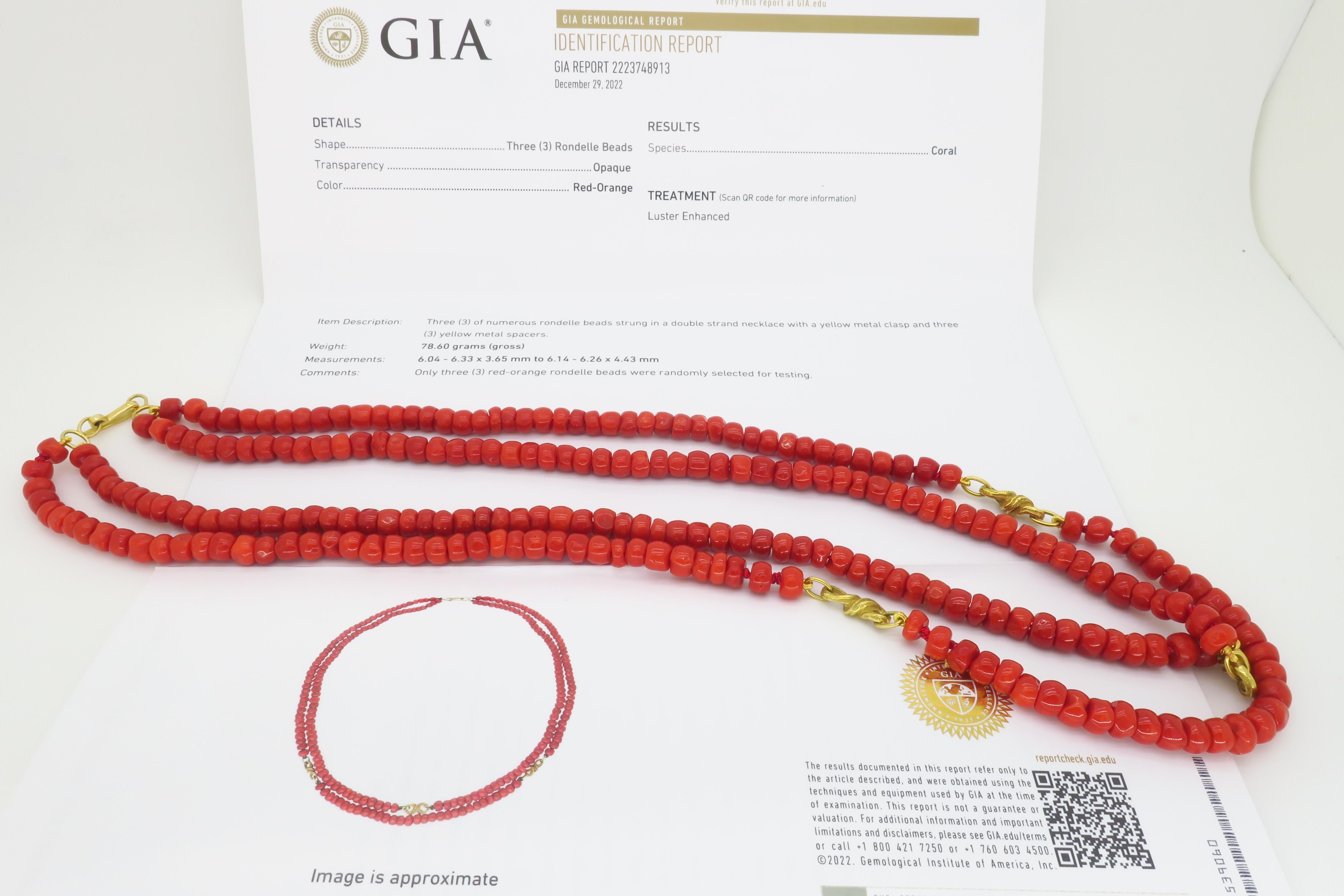 Women's or Men's GIA Certified Red Coral Double Strand Necklace with 18k Yellow Gold For Sale