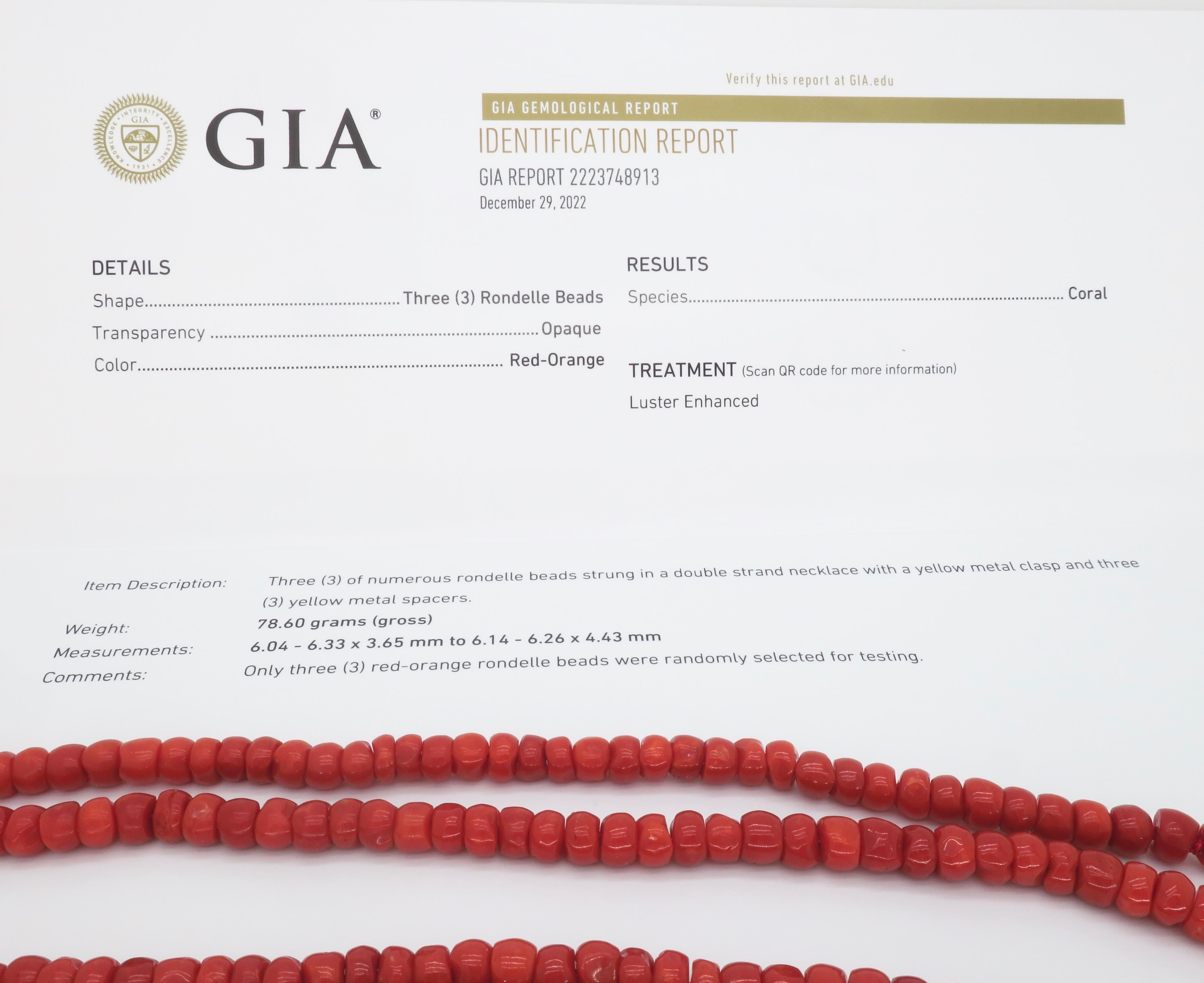 GIA Certified Red Coral Double Strand Necklace with 18k Yellow Gold For Sale 1