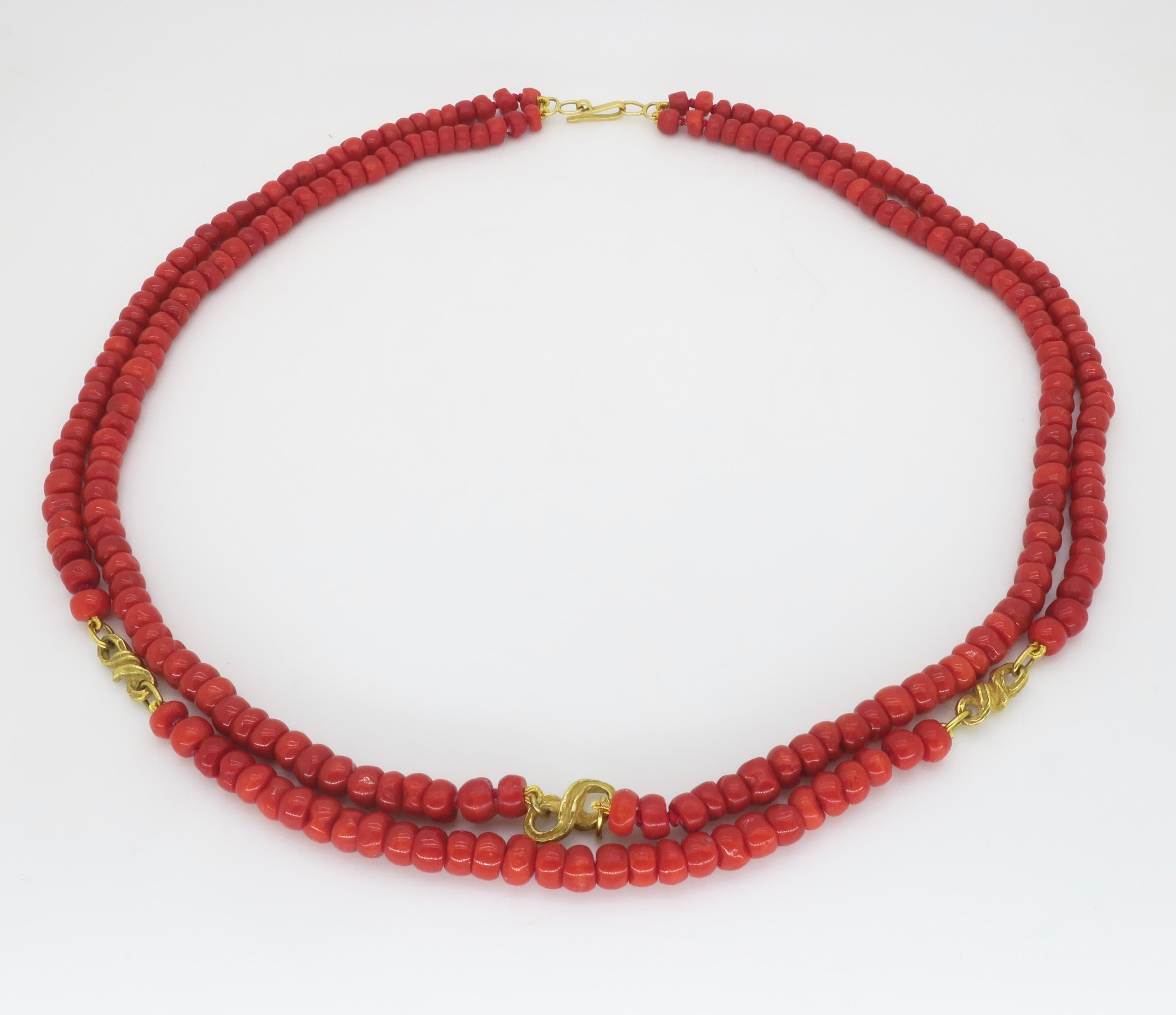 GIA Certified Red Coral Double Strand Necklace with 18k Yellow Gold For Sale 2
