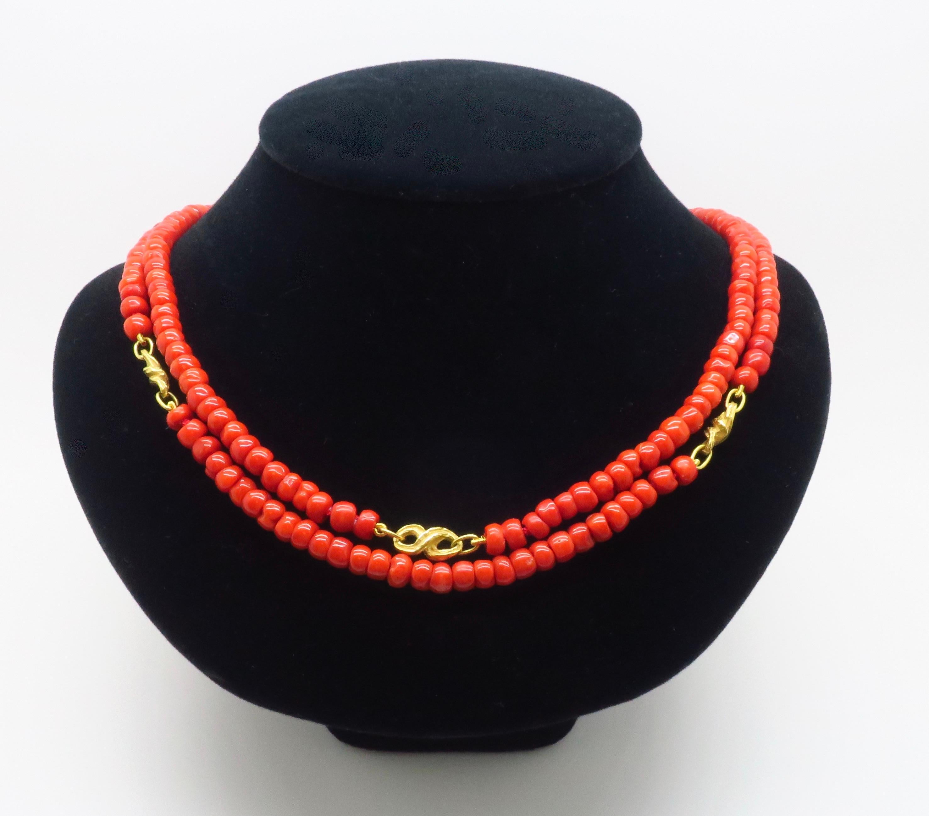 GIA Certified Red Coral Double Strand Necklace with 18k Yellow Gold For Sale 3