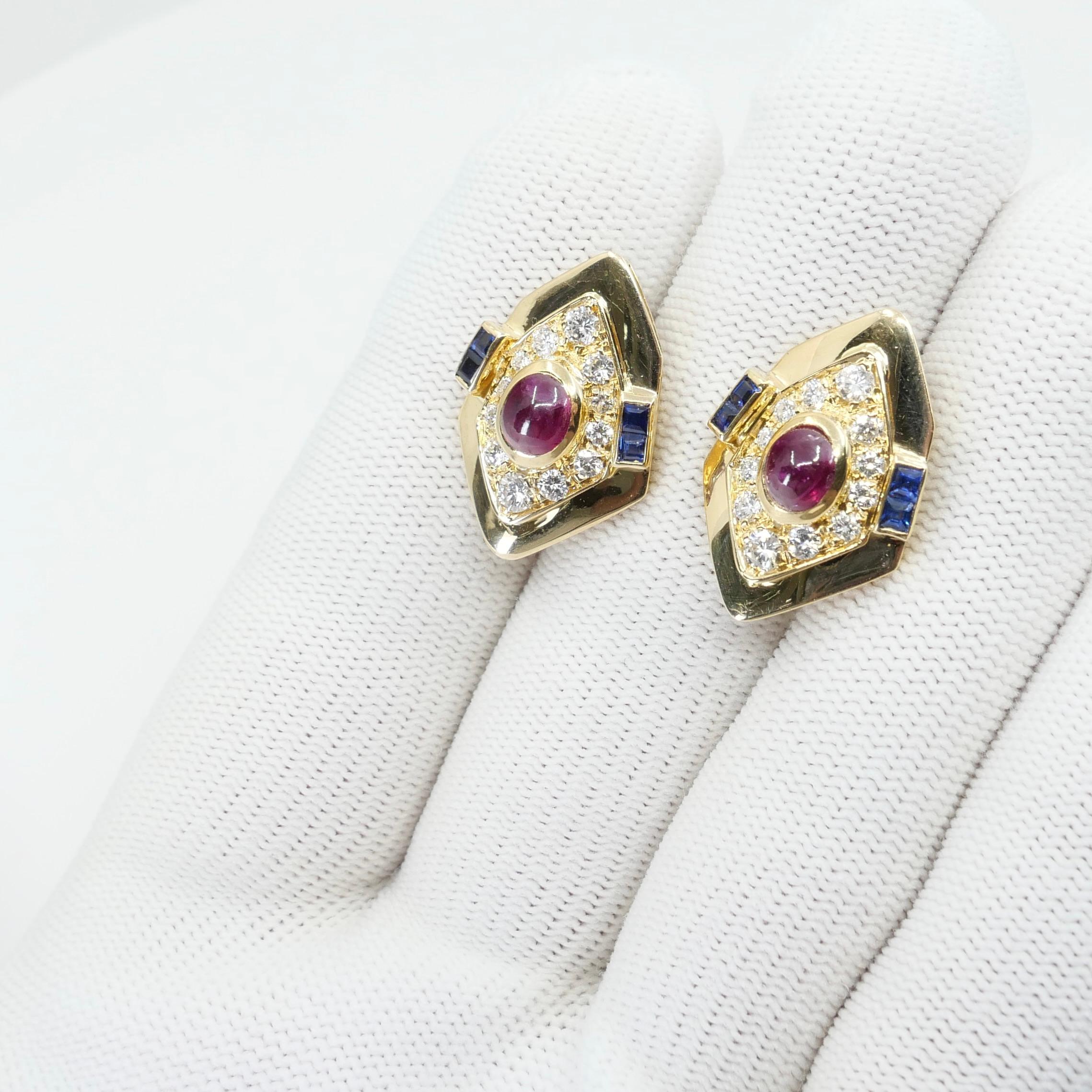 GIA Certified Red Ruby, Yellow Gold, Blue Sapphires & Diamond Clip On Earrings.  For Sale 4