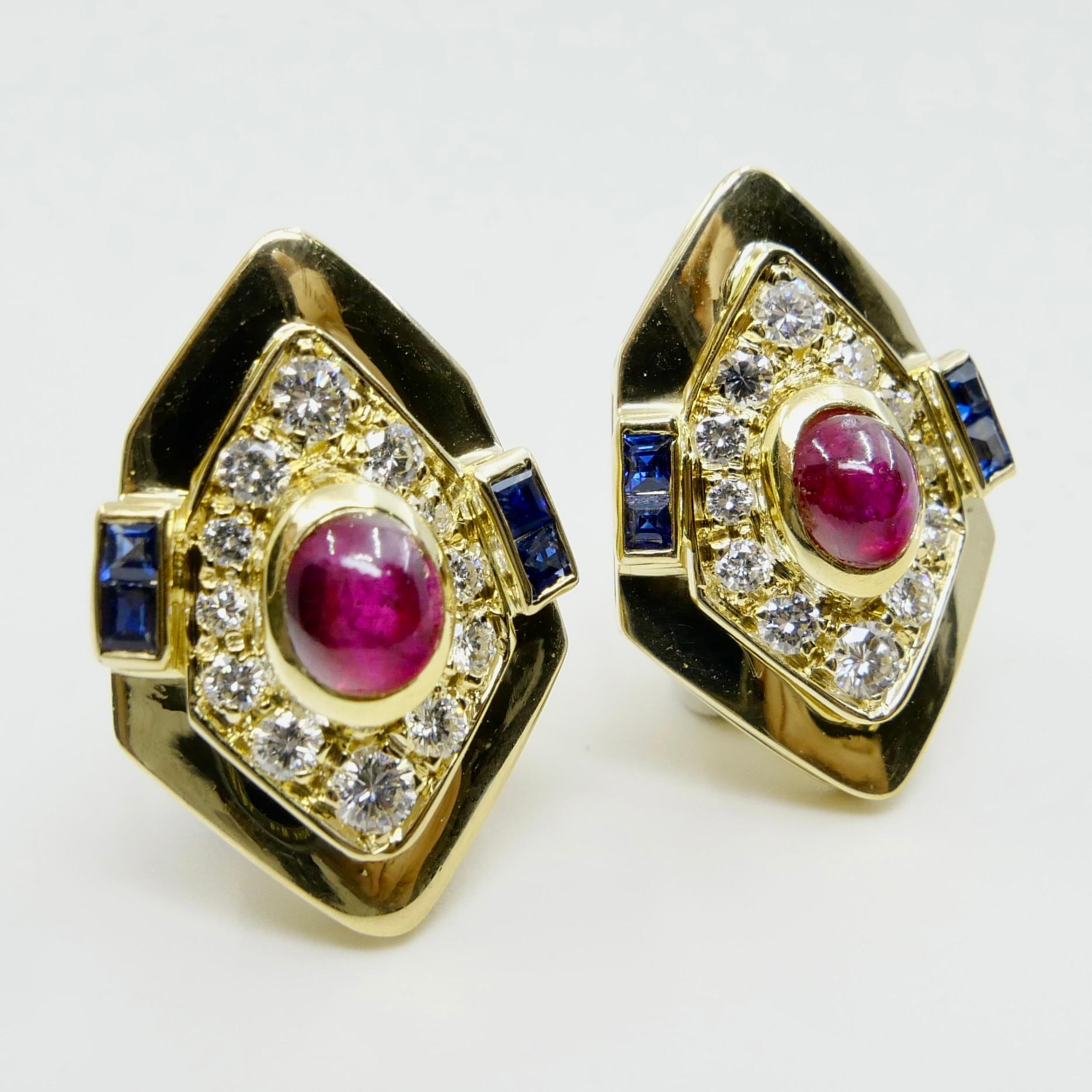 GIA Certified Red Ruby, Yellow Gold, Blue Sapphires & Diamond Clip On Earrings.  For Sale 5