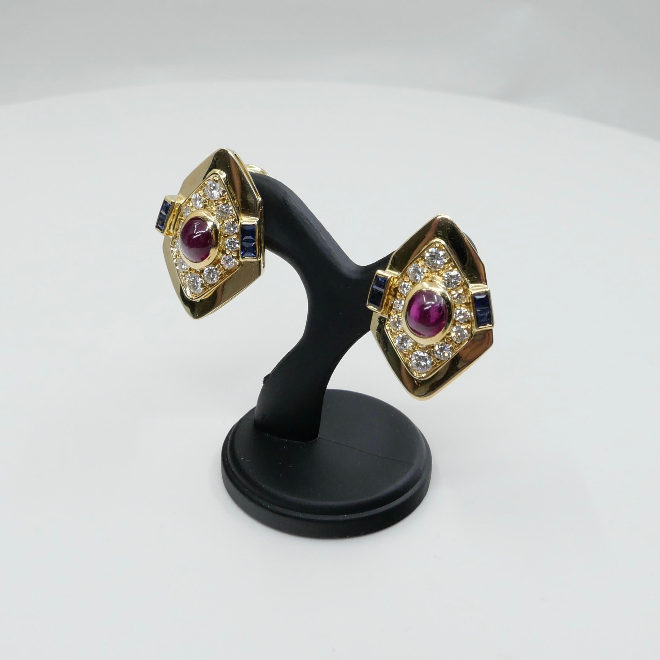 GIA Certified Red Ruby, Yellow Gold, Blue Sapphires & Diamond Clip On Earrings.  For Sale 6