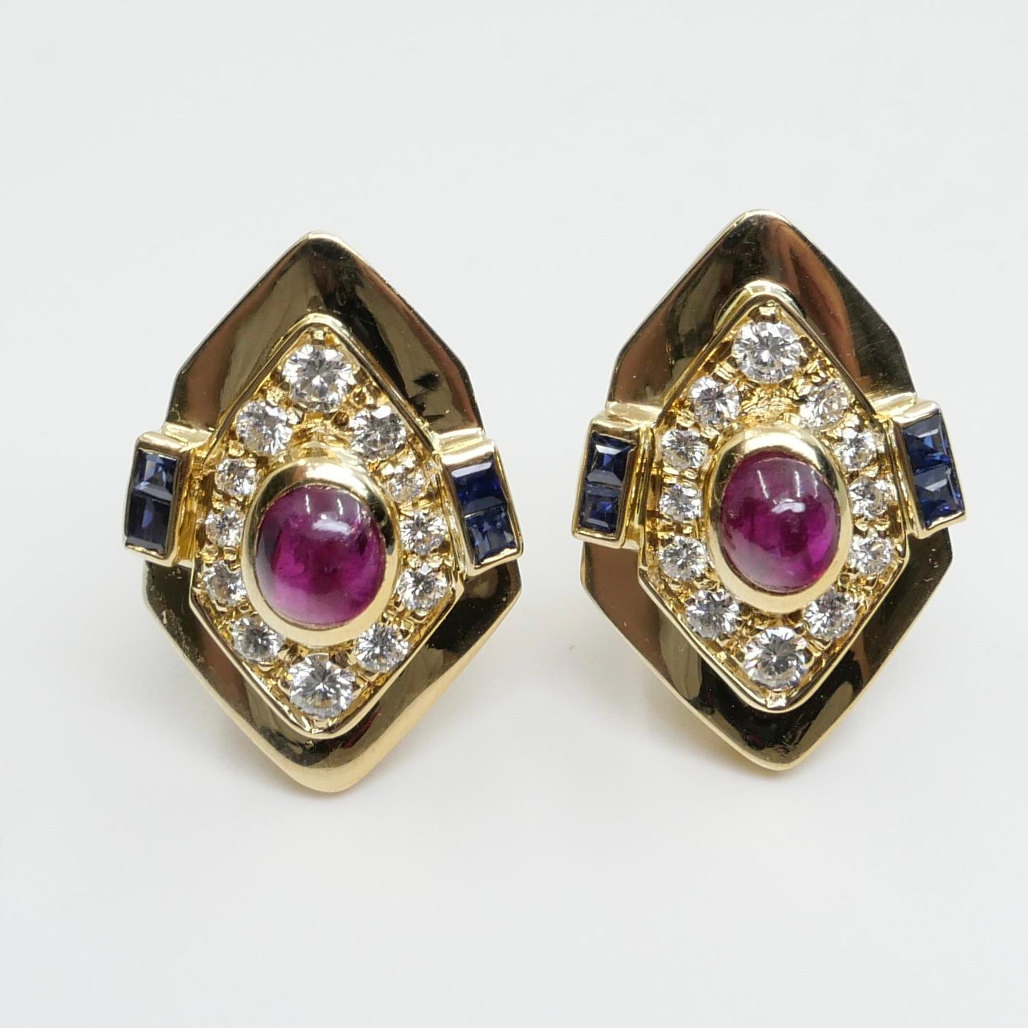 GIA Certified Red Ruby, Yellow Gold, Blue Sapphires & Diamond Clip On Earrings.  For Sale 7