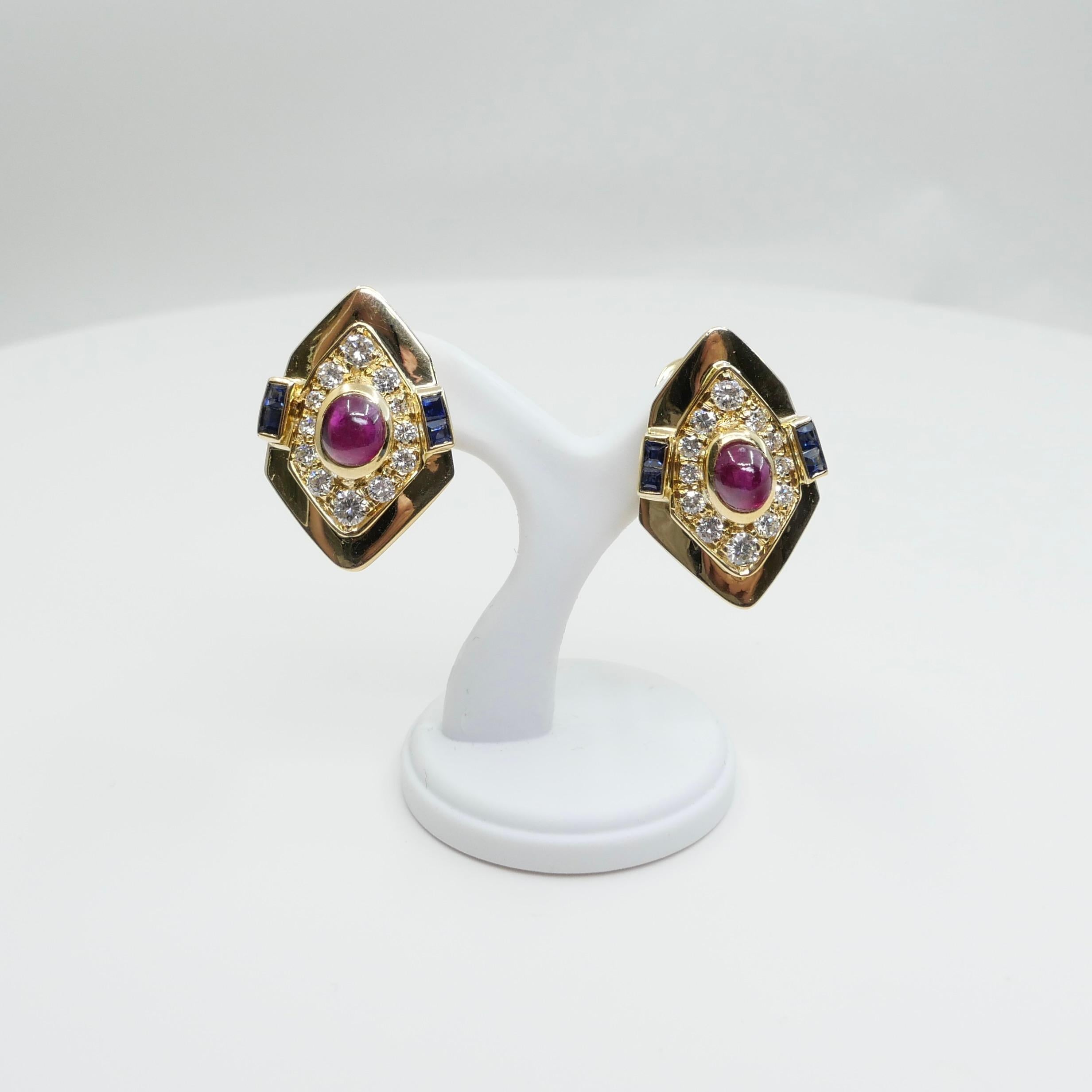 GIA Certified Red Ruby, Yellow Gold, Blue Sapphires & Diamond Clip On Earrings.  For Sale 8