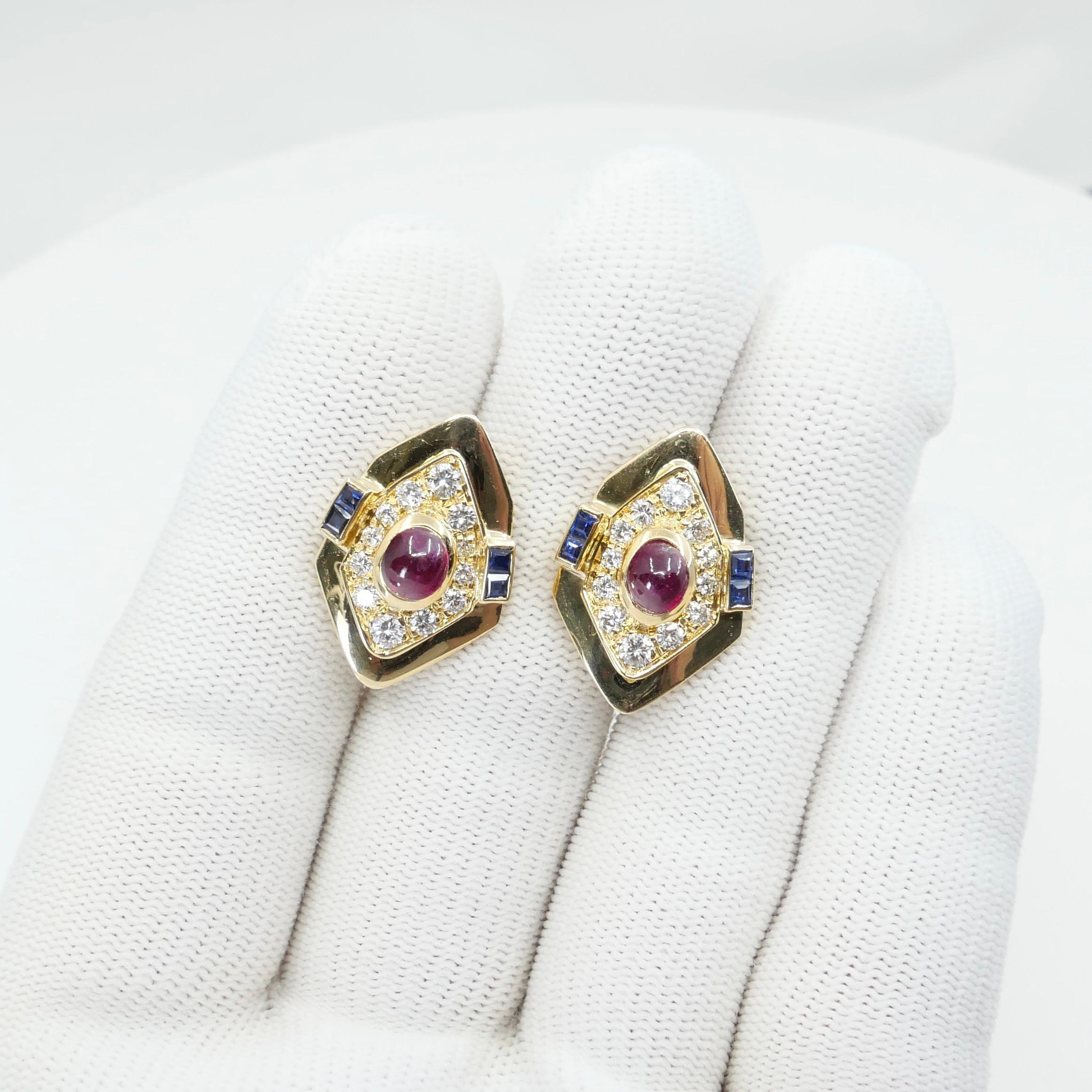 GIA Certified Red Ruby, Yellow Gold, Blue Sapphires & Diamond Clip On Earrings.  For Sale 9
