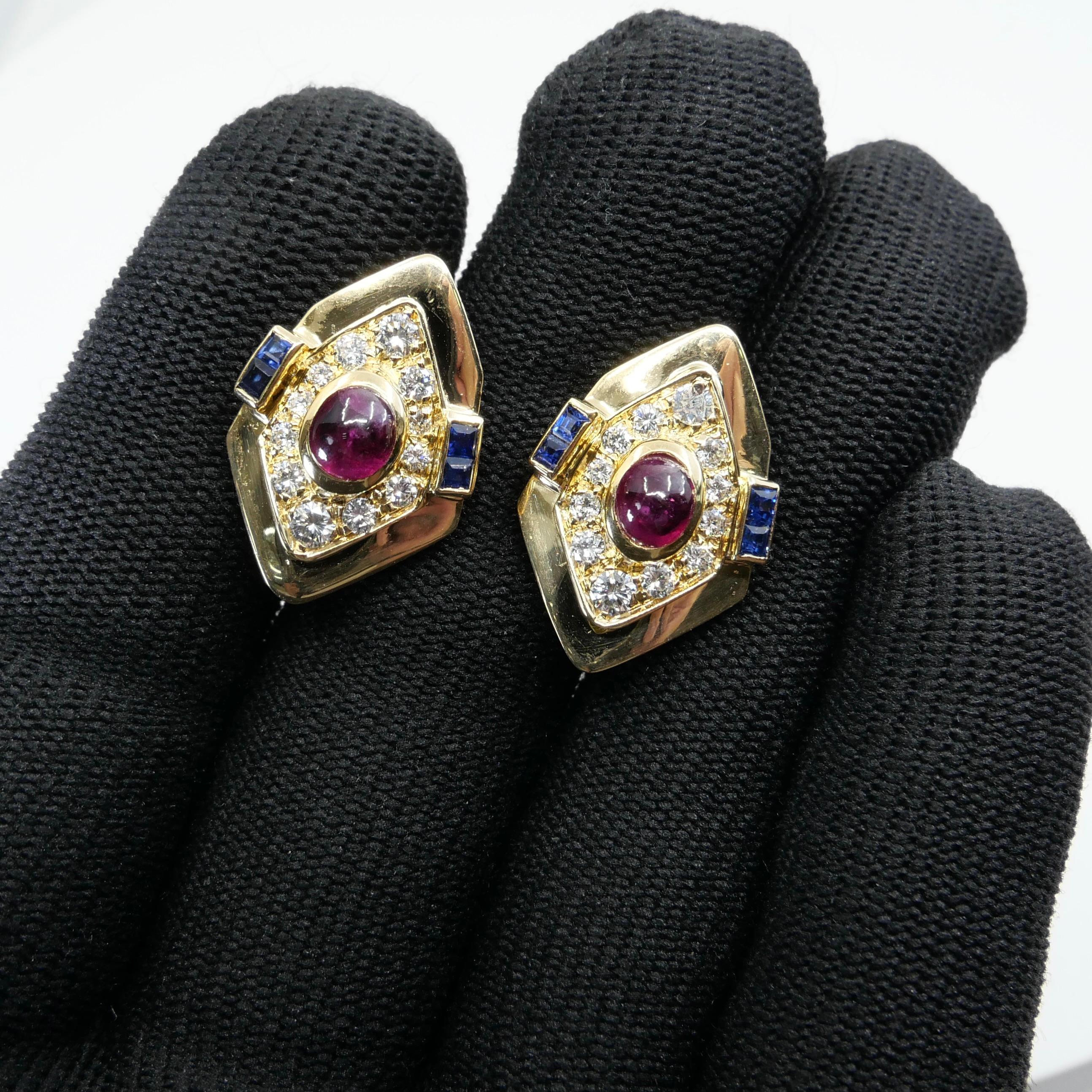 GIA Certified Red Ruby, Yellow Gold, Blue Sapphires & Diamond Clip On Earrings.  For Sale 11
