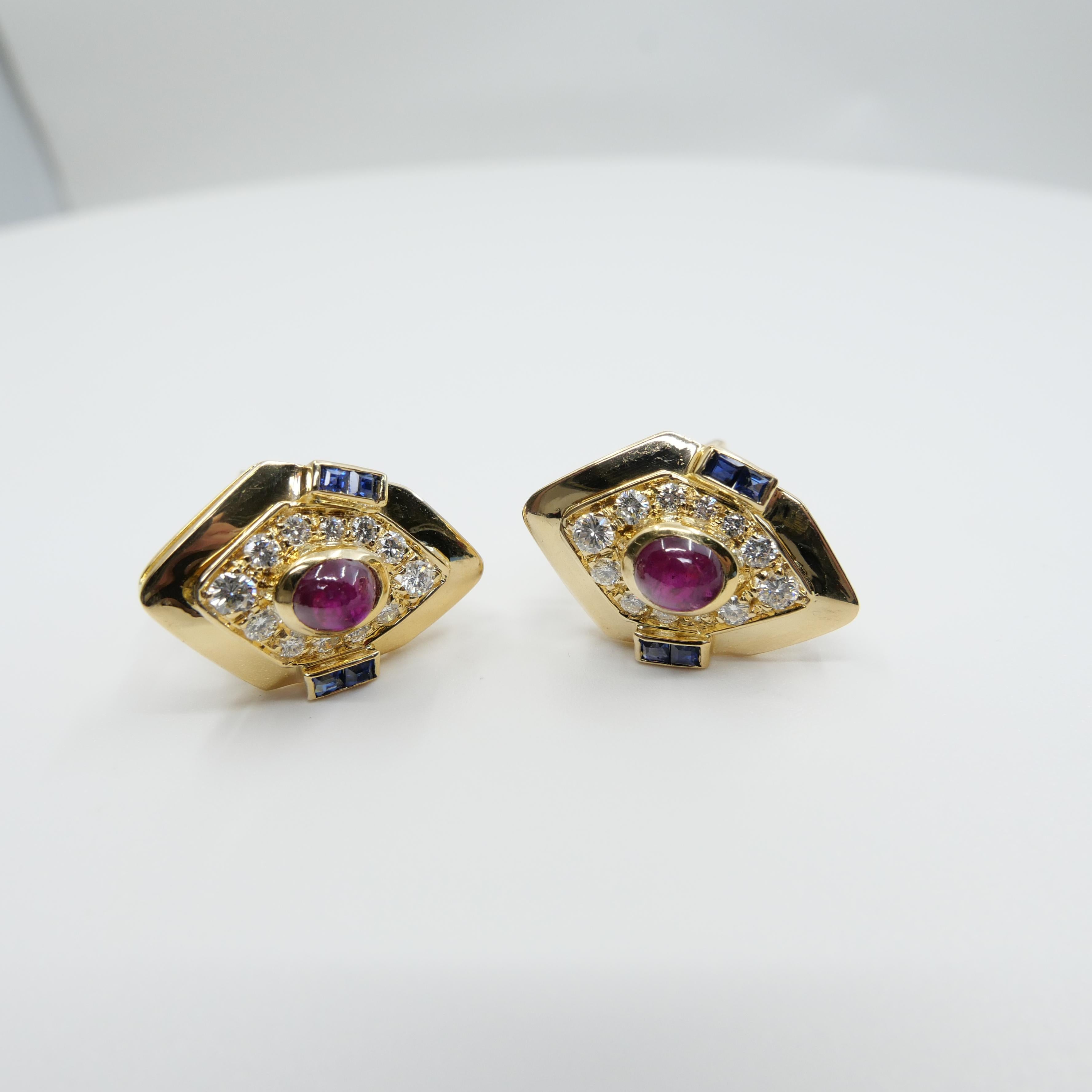 GIA Certified Red Ruby, Yellow Gold, Blue Sapphires & Diamond Clip On Earrings.  For Sale 12