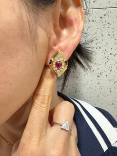 GIA Certified Red Ruby, Yellow Gold, Blue Sapphires & Diamond Clip On Earrings.