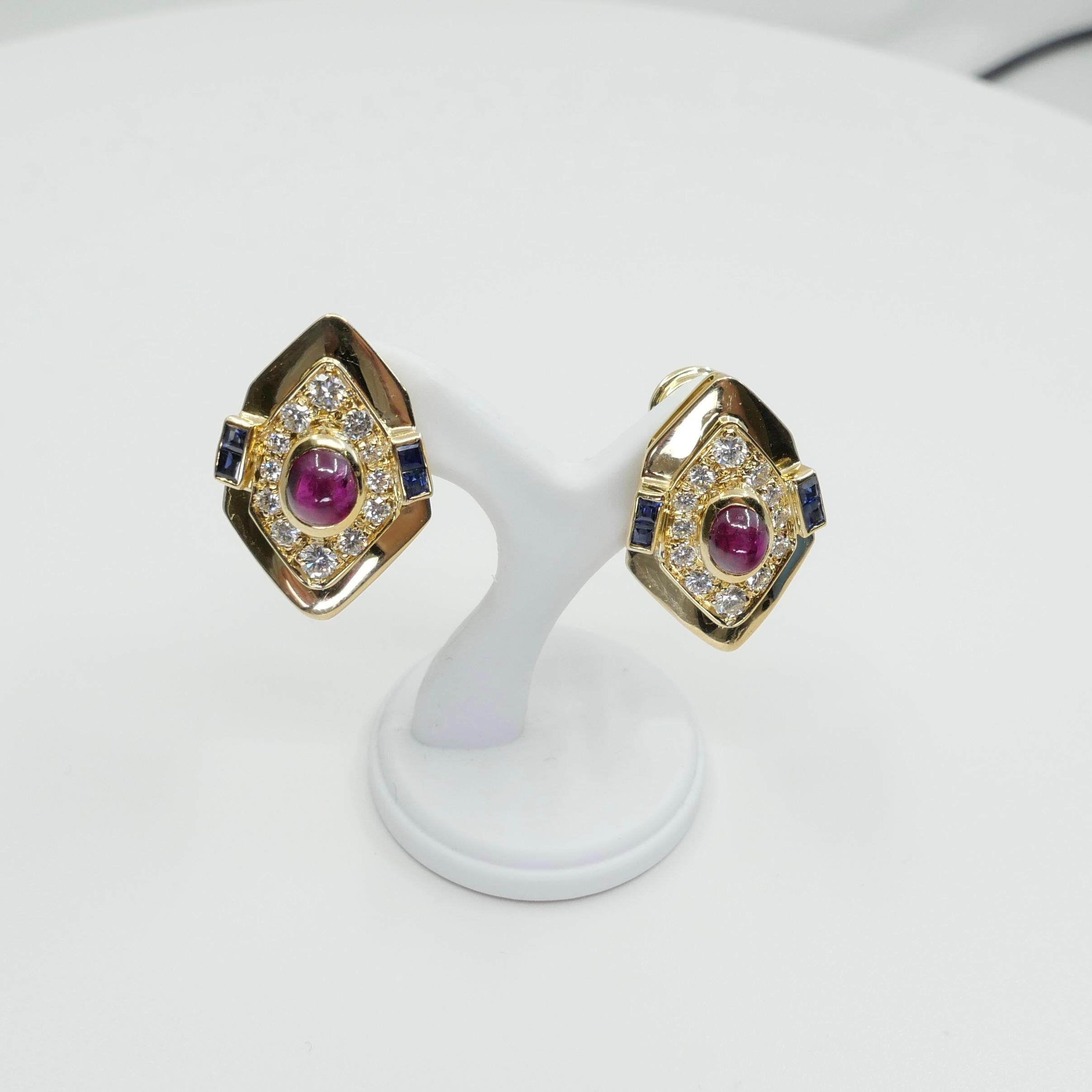 Modern GIA Certified Red Ruby, Yellow Gold, Blue Sapphires & Diamond Clip On Earrings.  For Sale