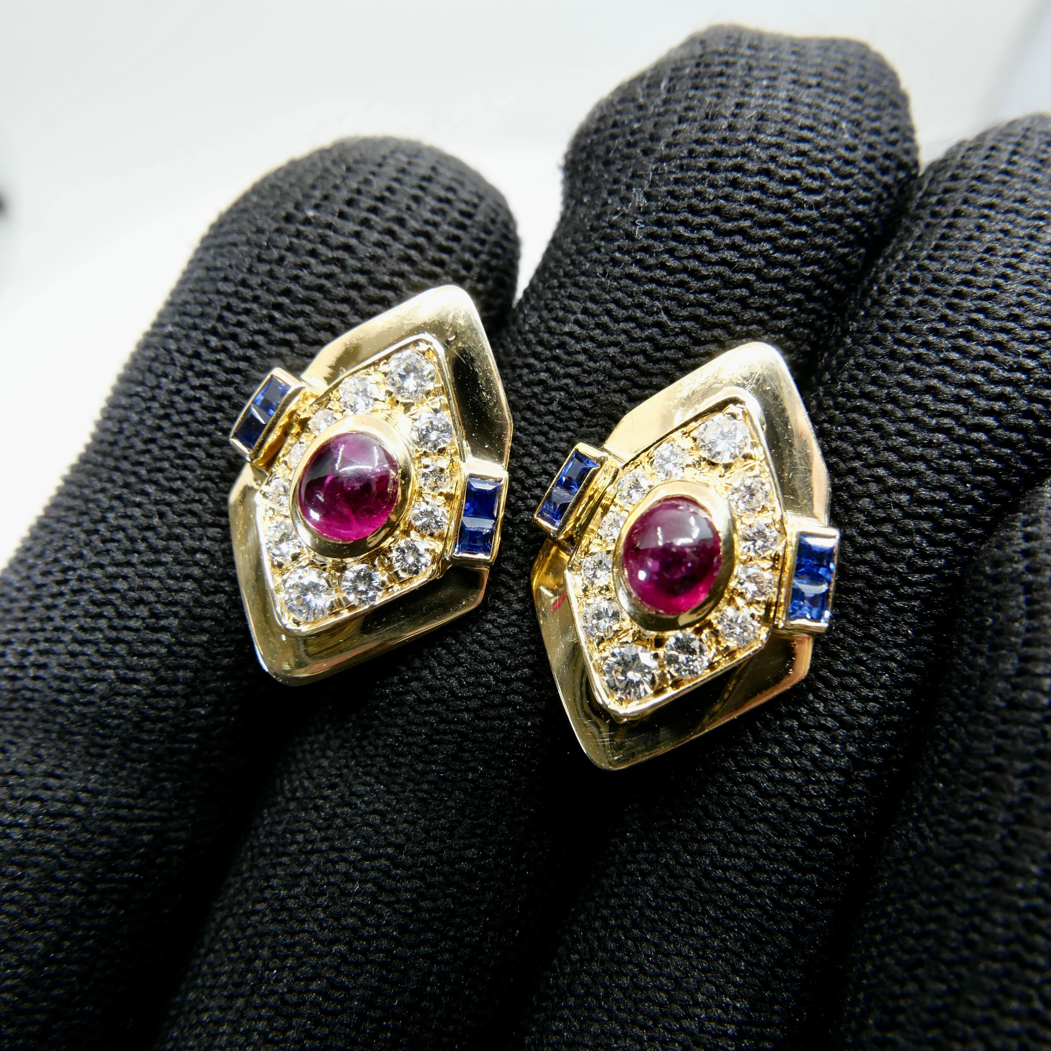 Cabochon GIA Certified Red Ruby, Yellow Gold, Blue Sapphires & Diamond Clip On Earrings.  For Sale