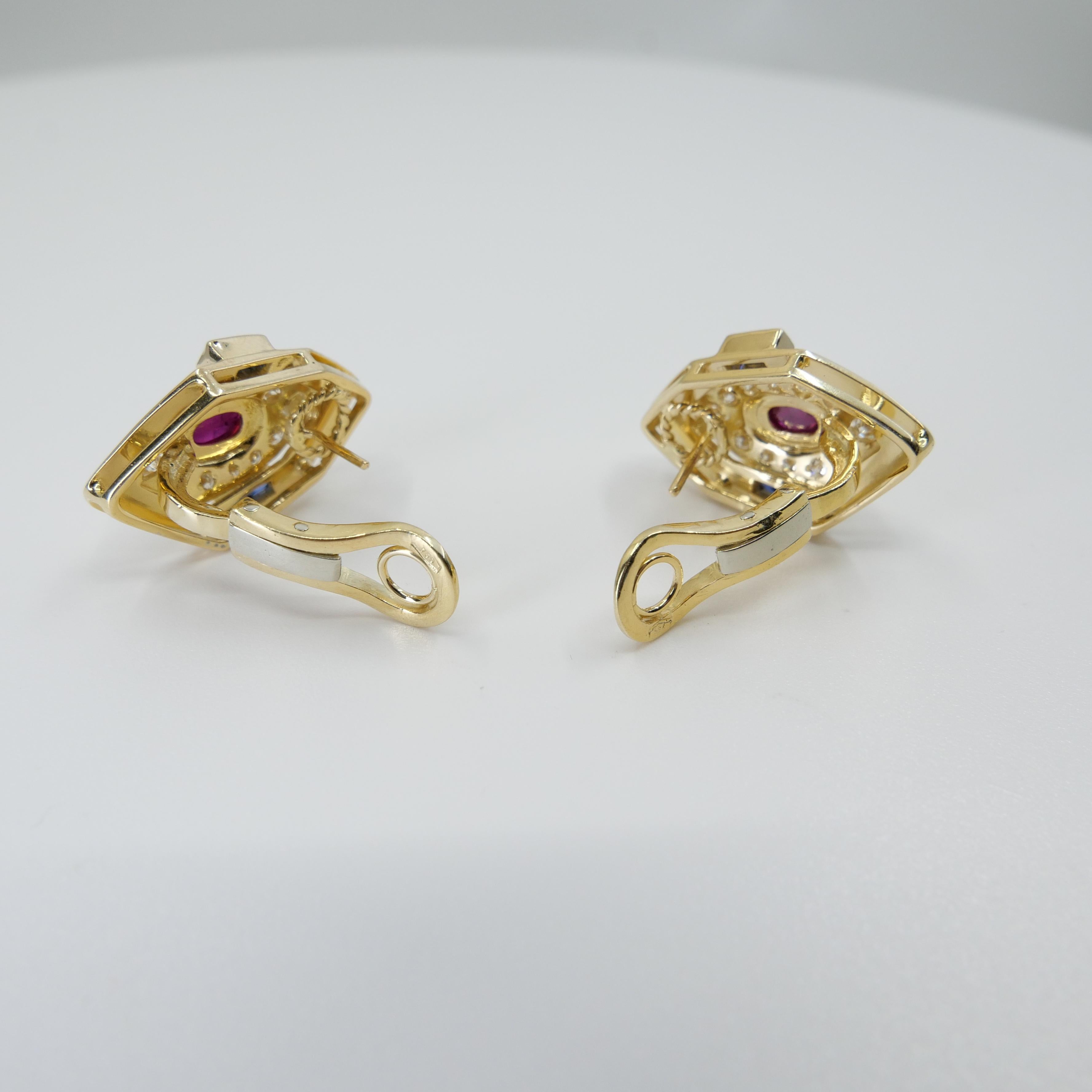 GIA Certified Red Ruby, Yellow Gold, Blue Sapphires & Diamond Clip On Earrings.  In Good Condition For Sale In Hong Kong, HK