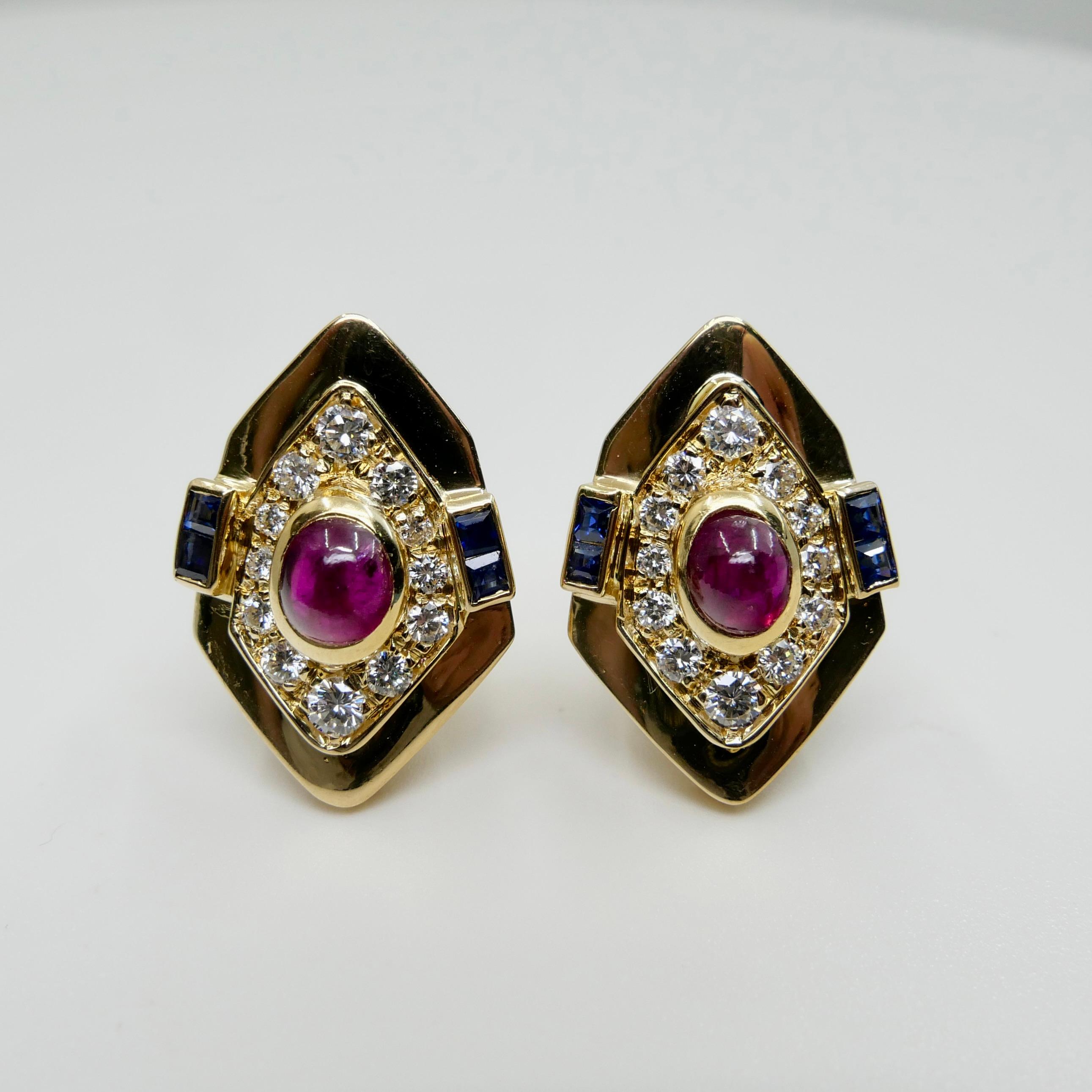 Women's GIA Certified Red Ruby, Yellow Gold, Blue Sapphires & Diamond Clip On Earrings.  For Sale