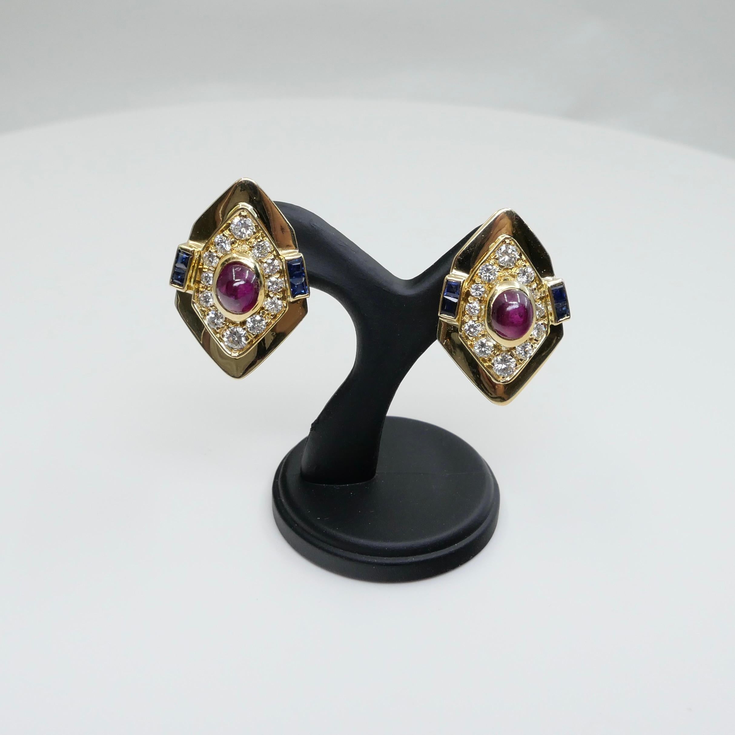 GIA Certified Red Ruby, Yellow Gold, Blue Sapphires & Diamond Clip On Earrings.  For Sale 1