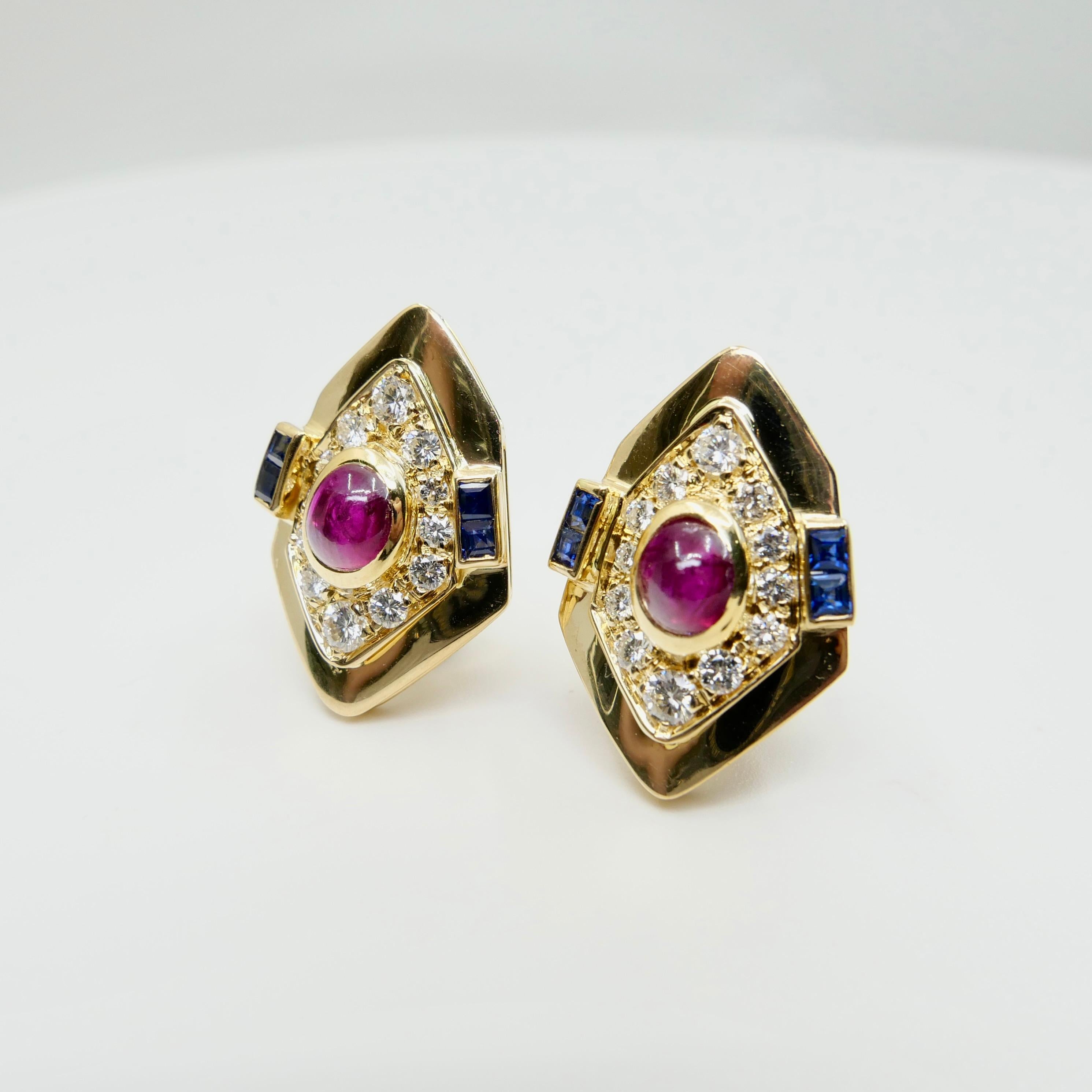 GIA Certified Red Ruby, Yellow Gold, Blue Sapphires & Diamond Clip On Earrings.  For Sale 2