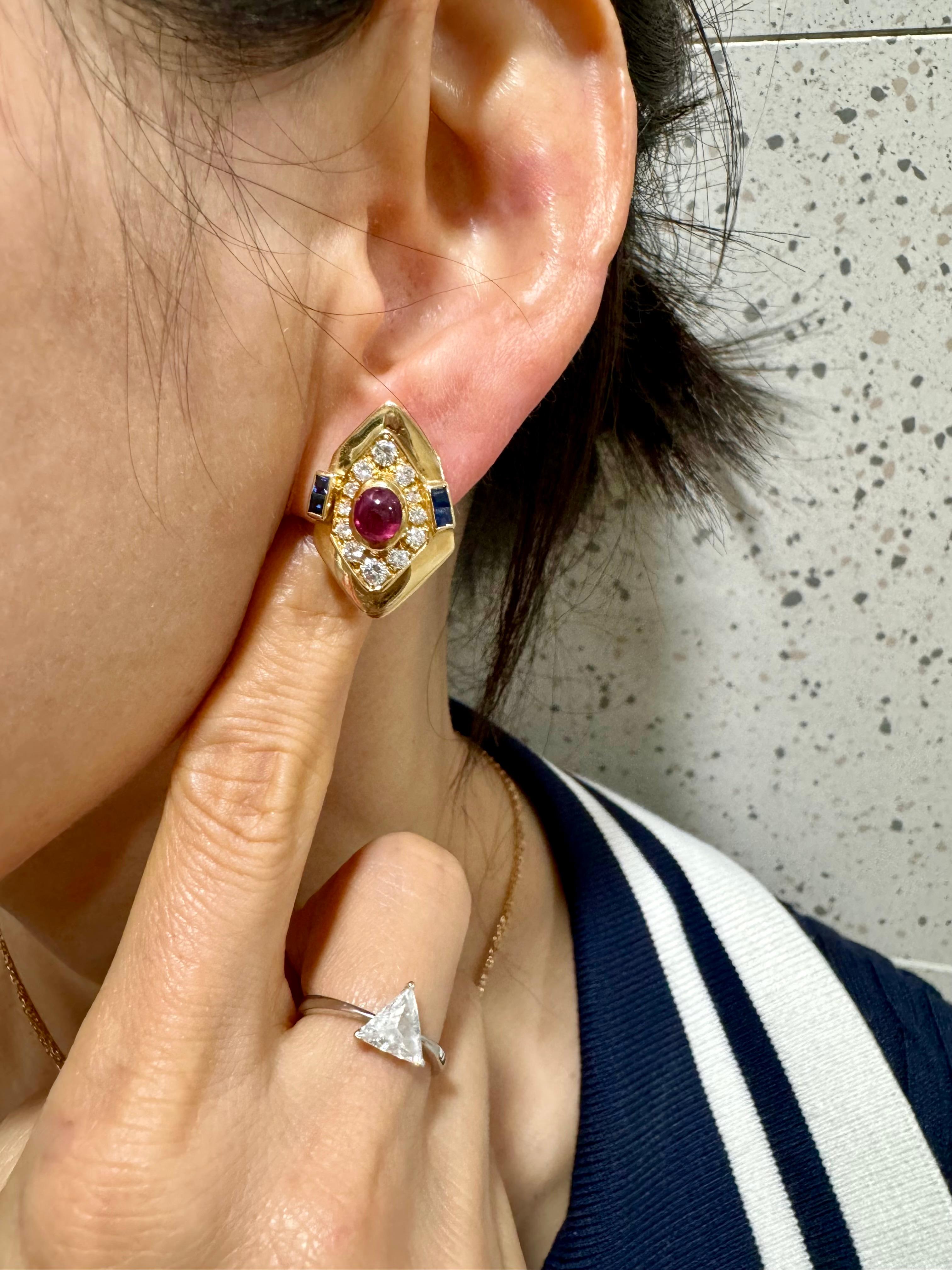 GIA Certified Red Ruby, Yellow Gold, Blue Sapphires & Diamond Clip On Earrings.  For Sale 3
