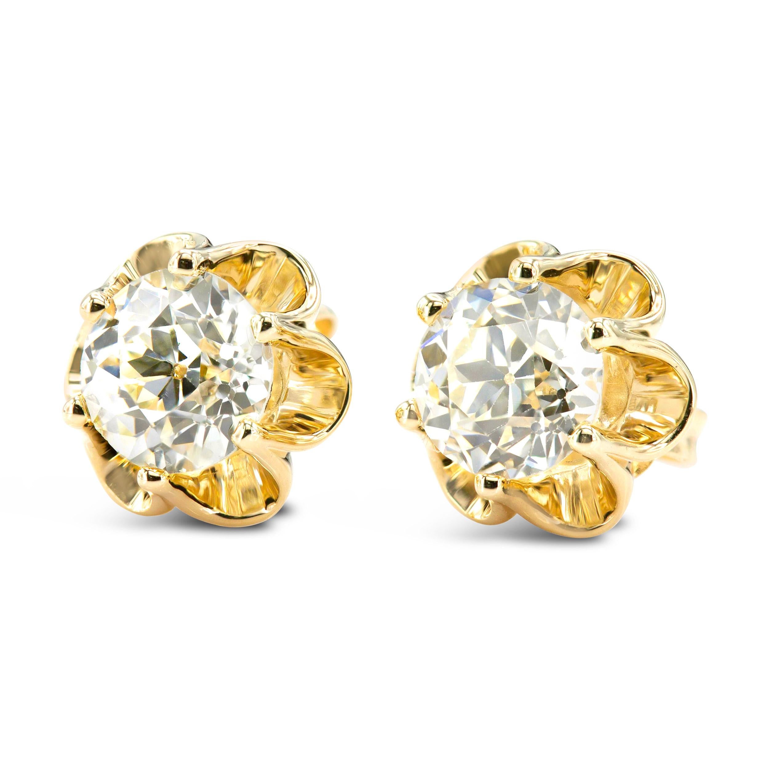 Our vintage inspired studs. The perfect size for everyday wear. We love these old European cut sparklers, weighing 1.36 carats total. In a super sweet 14kt yellow gold buttercup setting, we are just in love. This style can be created with any size