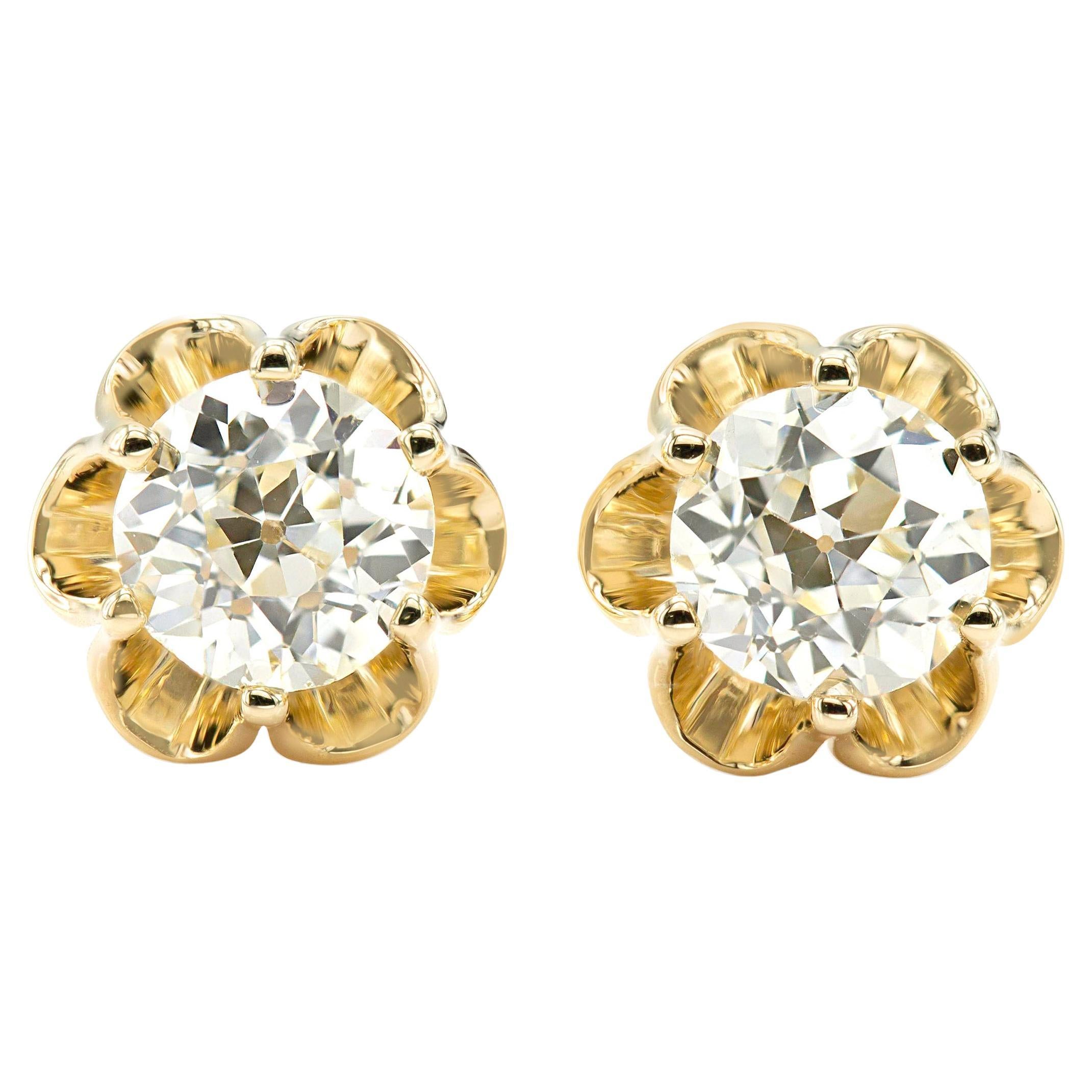 GIA Certified REV IVE 1.36 Ctw Old European Buttercup Diamond Studs For Sale