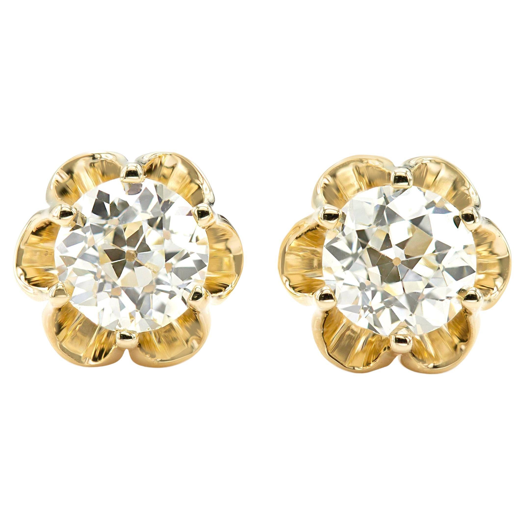 GIA Certified Rev Ive 1.36 CTW Old European Buttercup Diamond Studs