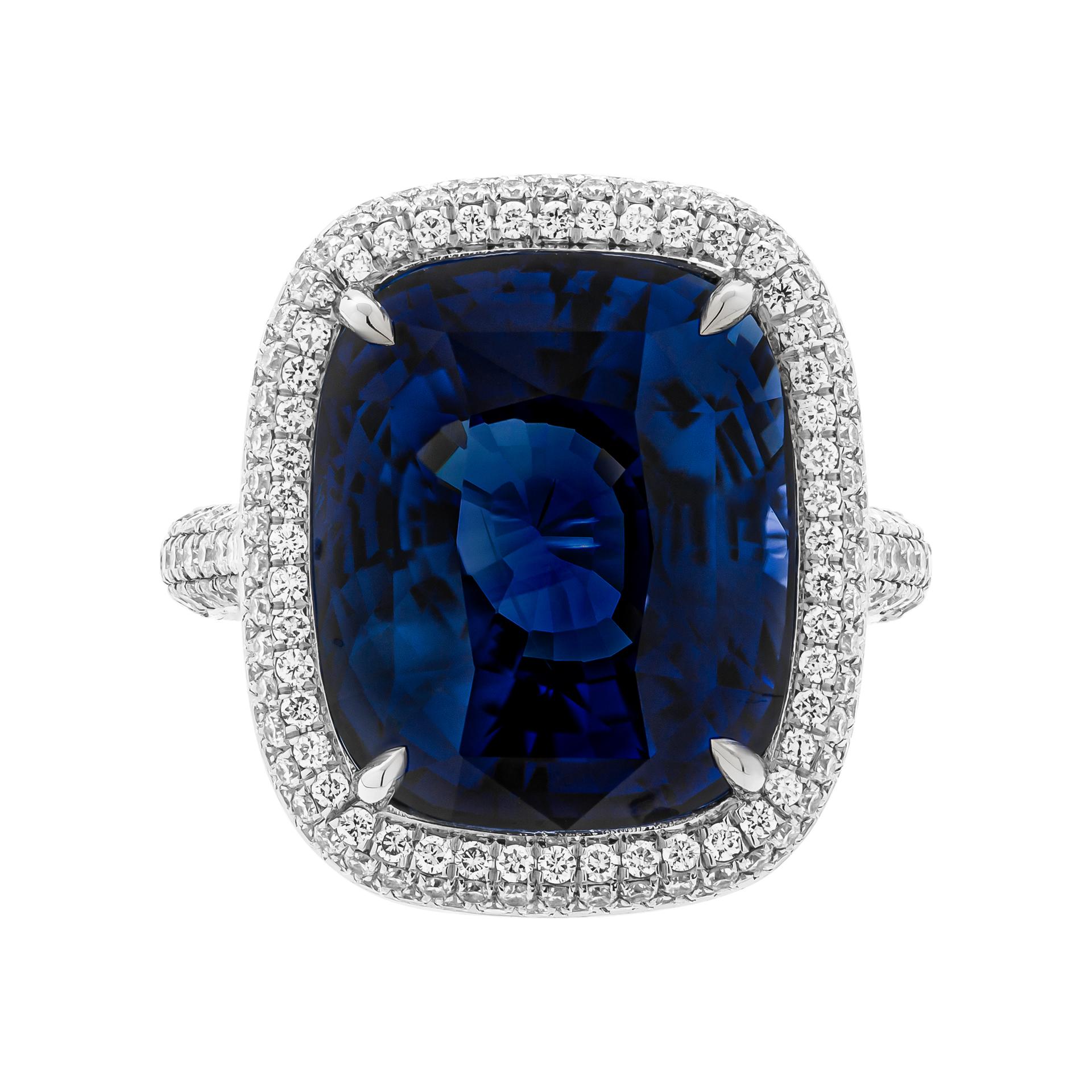 Cocktail ring in Platinum with 16.16ct Blue Sapphire
Mounted in handmade pave setting with 404 white diamonds F/G color & VS clarity , totaling 1.62ct 
Center stone: 16.16ct Cushion Blue Sapphire GIA#6224183773
Size: 6.5 

Comes with GIA, appraisal