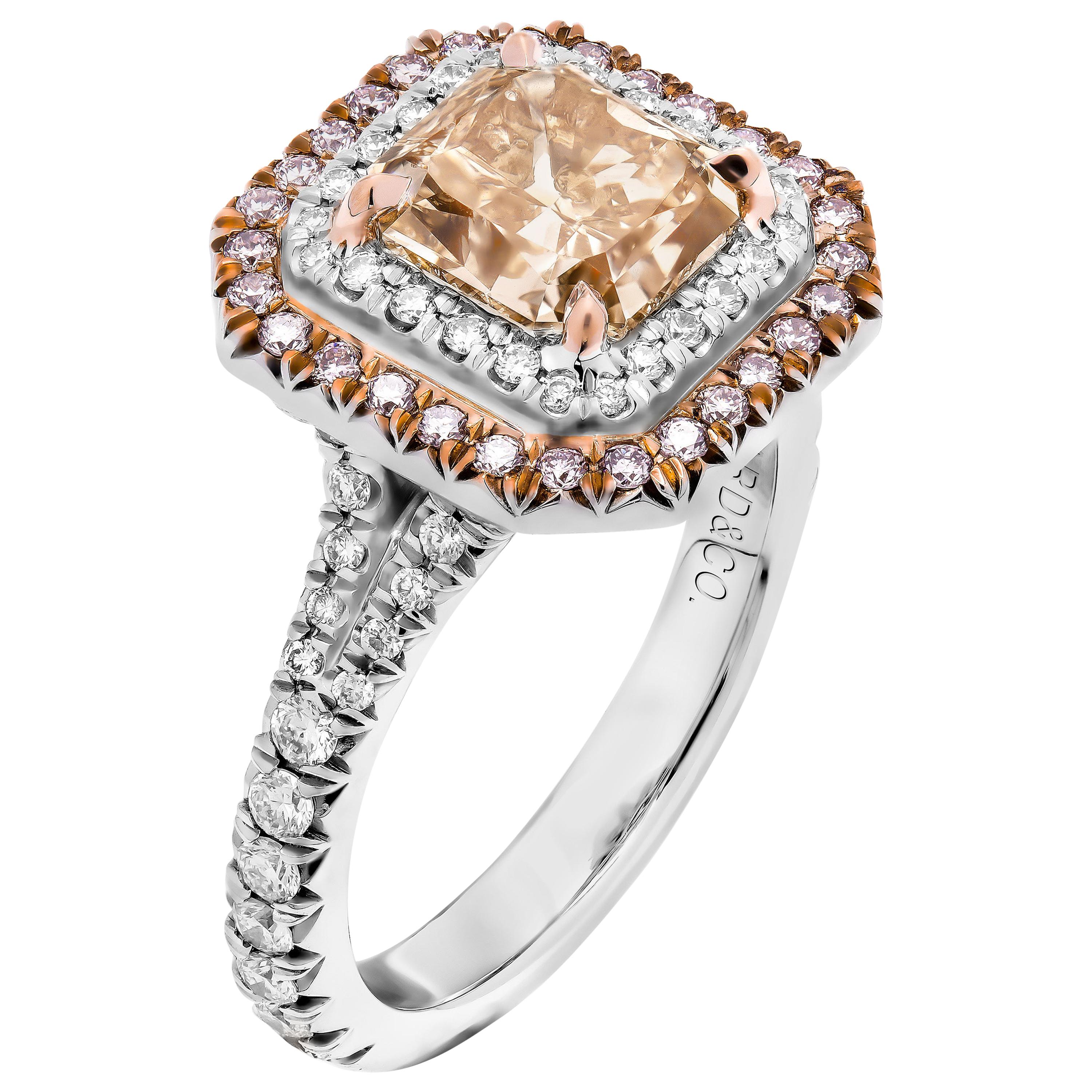 GIA Certified Ring with 2.07 Carat Fancy Brown Orange VS2 Cushion Diamond For Sale