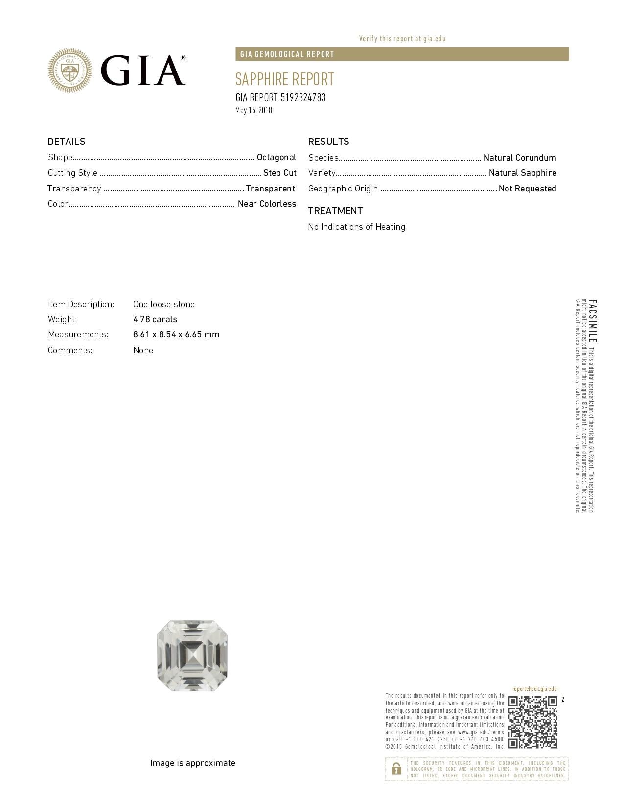 Women's or Men's GIA Certified Ring with 4.78 Carat White Sapphire For Sale