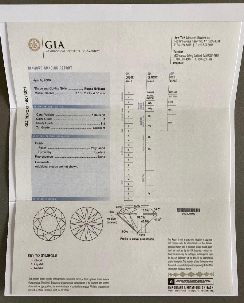 GIA Certified Round Brilliant 1.34 Carat F SI2 14 Karat White Gold Diamond Ring 4