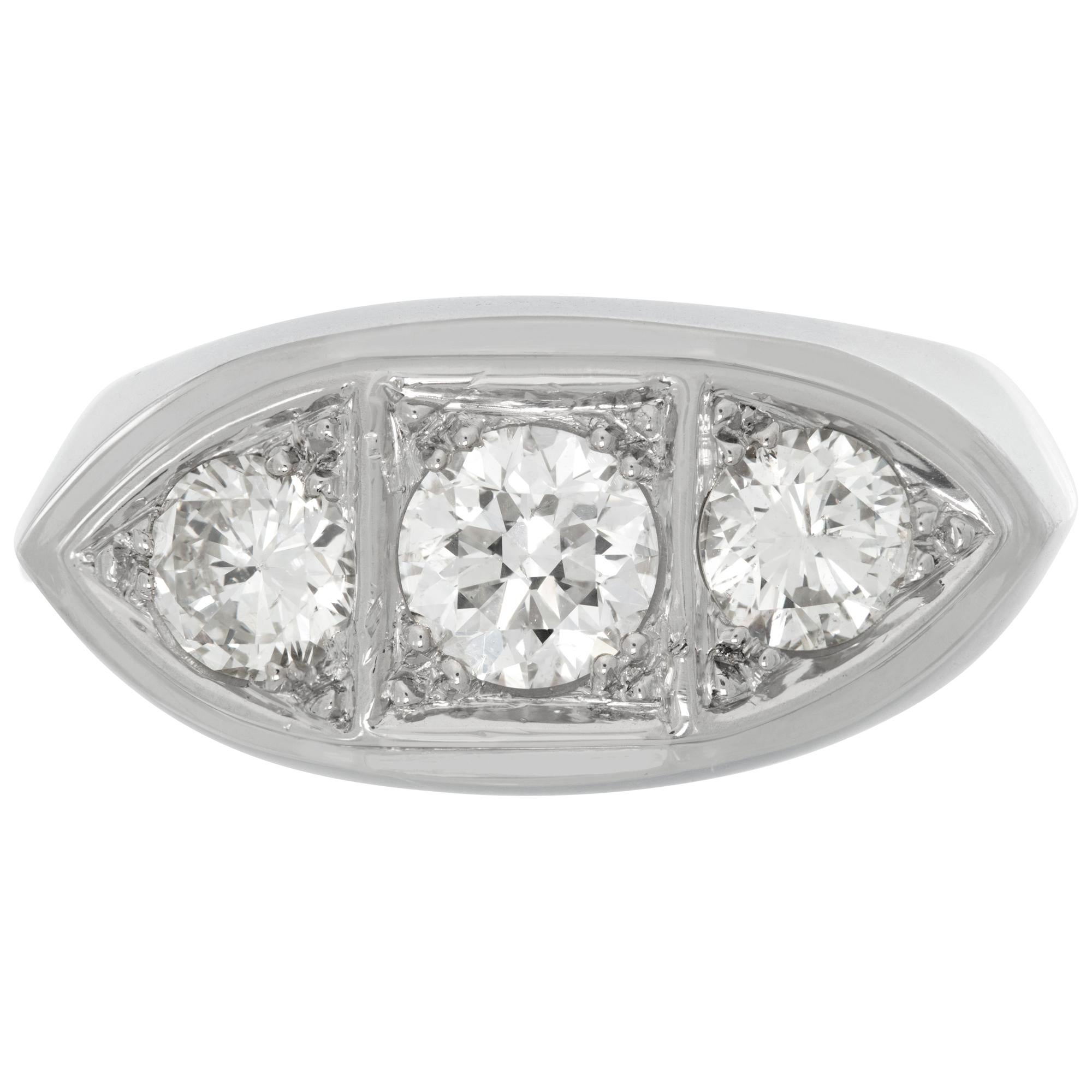 GIA certified round brilliant cut diamond 1.00 carat (E color, I2 clarity) ring set in robust platinum setting with 2 x 0.50 carats G-H color, SI-I clarity side diamonds. Size 9This GIA certified ring is currently size 9 and some items can be sized