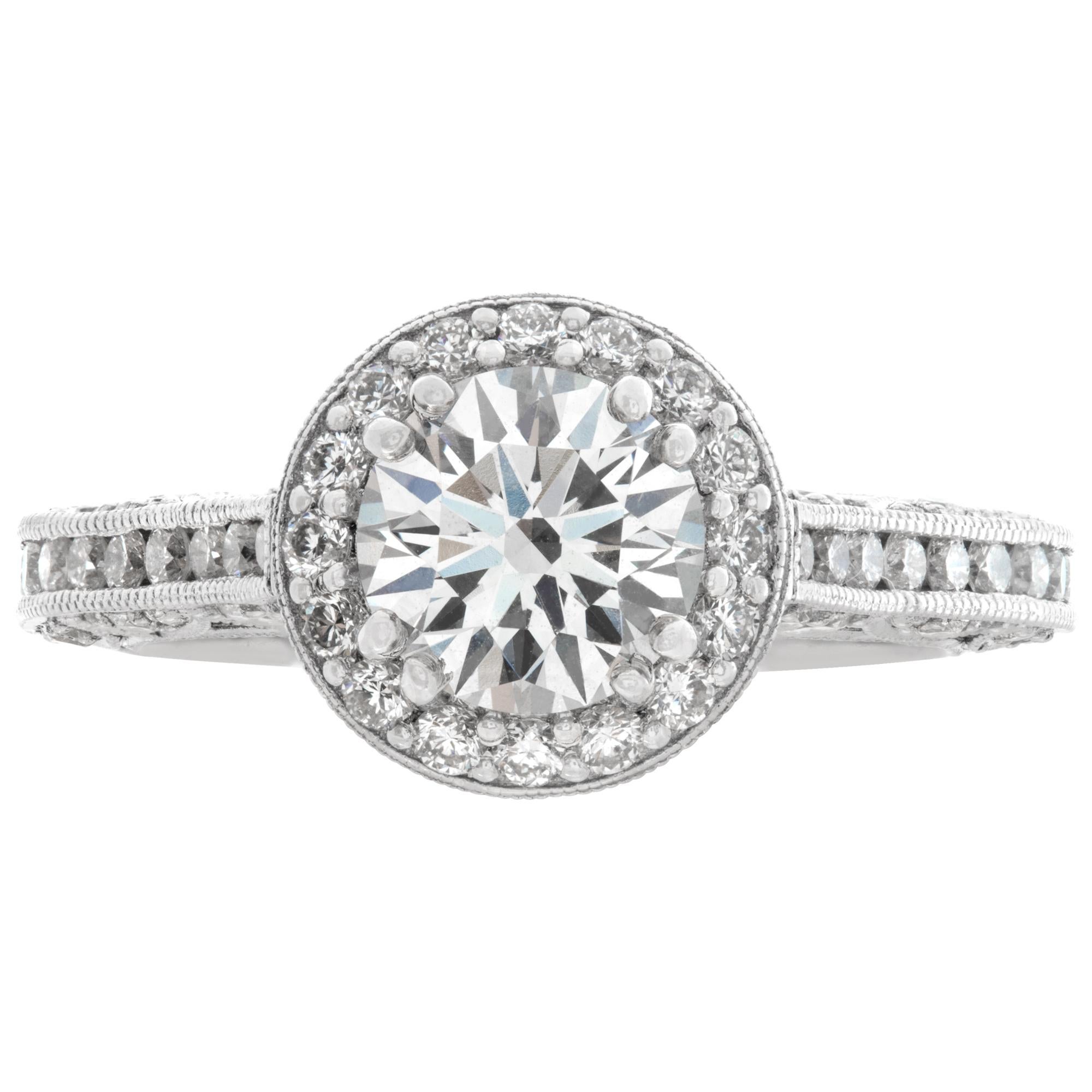 GIA certified round brilliant cut diamond 1.02 carat (G color, Internally Flawless clarity) ring set in Tacori platinum diamond filagree setting with approximately 0.50 carats in diamonds. Size 4.5.This GIA certified ring is currently size 4.5 and