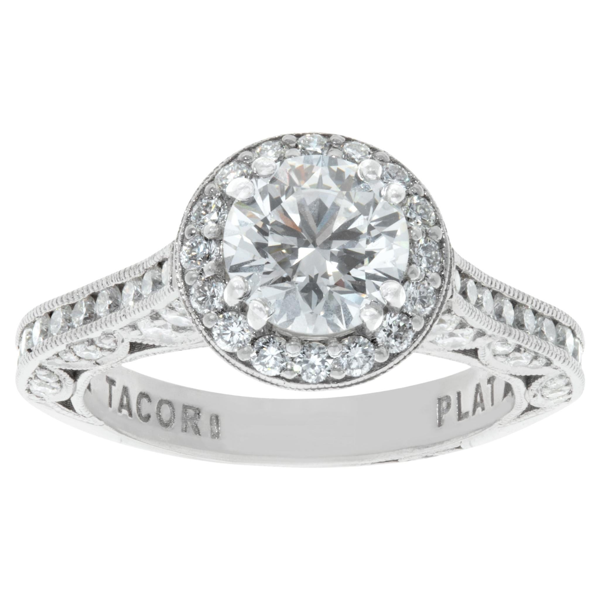 GIA certified round brilliant cut diamond 1.02 carat ring set in Tacori platinum For Sale