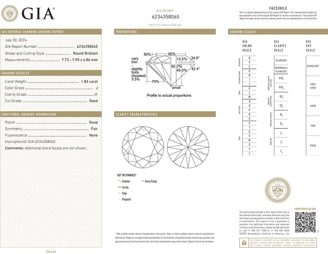 Round Cut GIA Certified Round Brilliant Cut Diamond 1.83ct For Sale