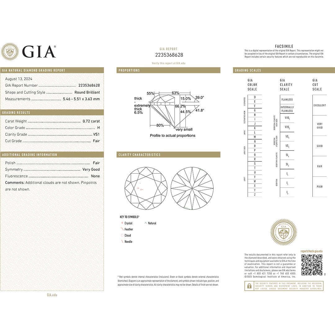 Diamante sfuso taglio Brilliante rotondo certificato GIA 0,72ct In condizioni ottime in vendita a Laguna Beach, CA
