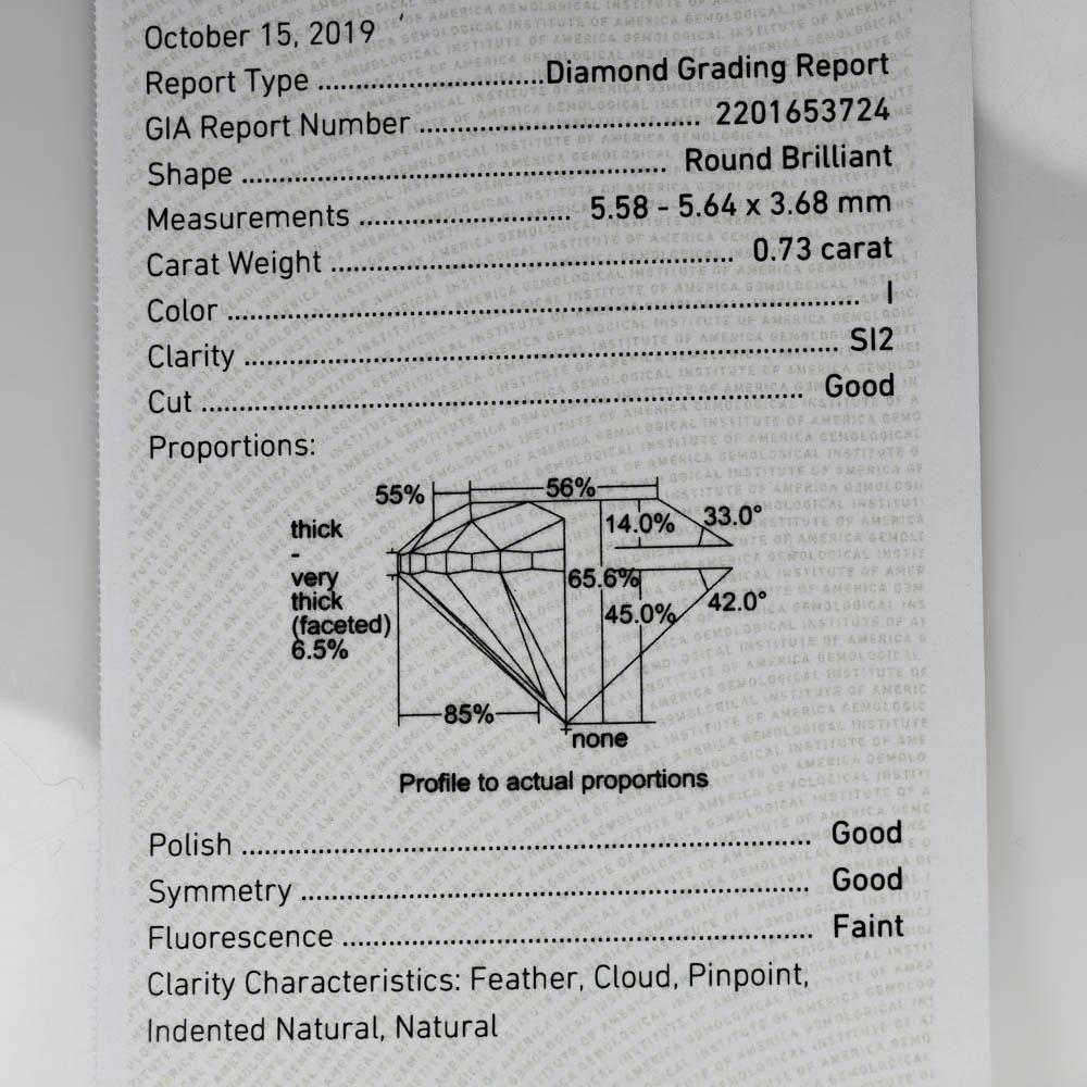 0.73 carat round brilliant cut diamond.
GIA grading report number 2201653724.
The color grade is I, and the clarity is Si2.
The diamond faces up very brilliantly, 56% table facet. 
Very attractive diamond.