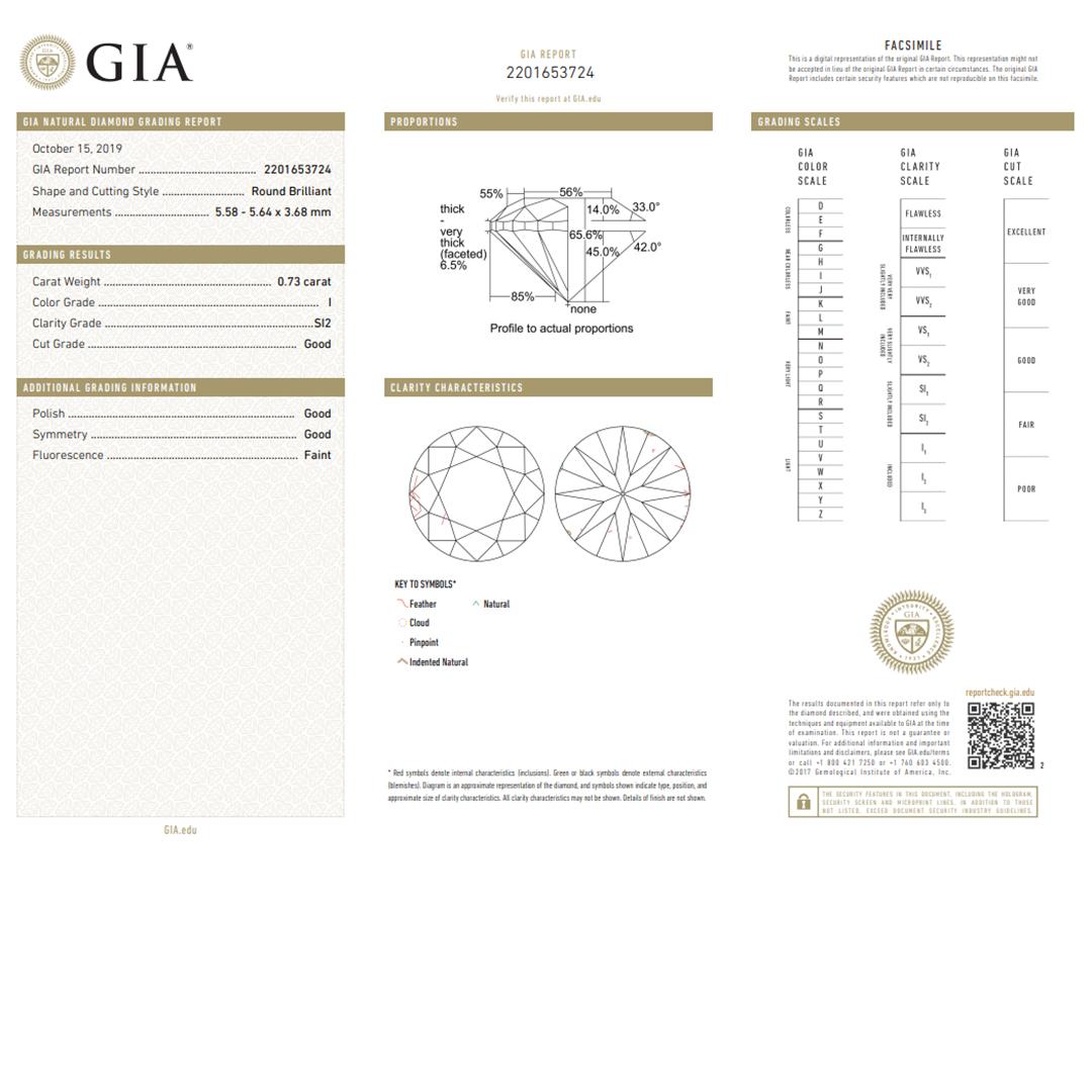 GIA Certified Round Brilliant Cut Loose Diamond 0.73ct In Excellent Condition For Sale In Laguna Beach, CA