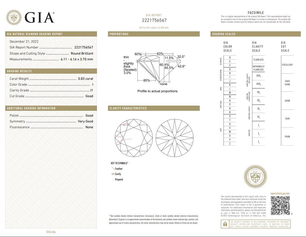 Round brilliant cut diamond, .83 carats.
GIA graded I color, I1 clarity.
The clarity looks more like a Si2 grade.
The thin feather under the crown facets is hard to find even with a 10-power loupe,
unless you tilt the diamond at a certain angle.
The