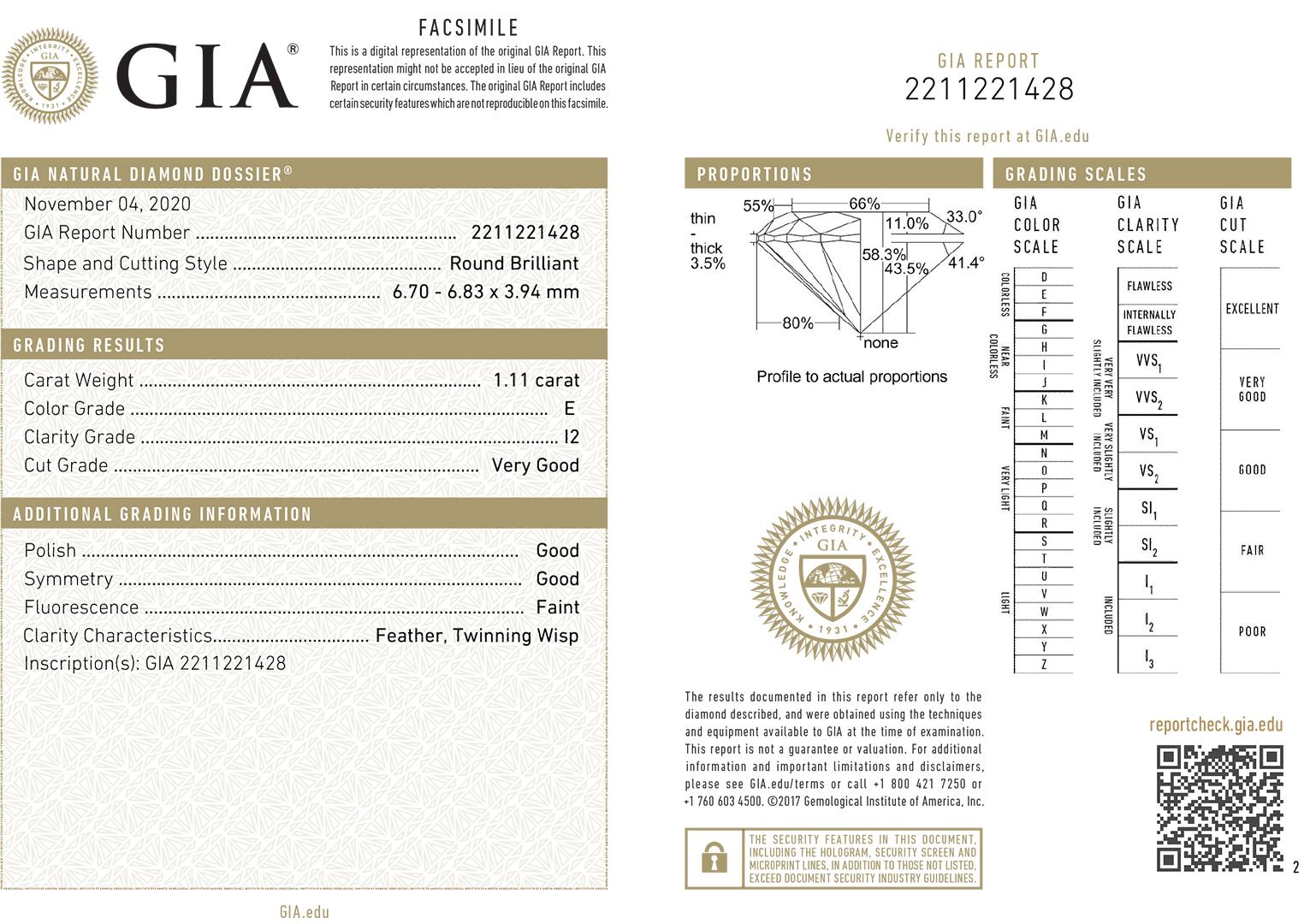 GIA-zertifizierter runder loser Diamant im Brillantschliff 1,11 Karat, E Farbe, I2 im Zustand „Hervorragend“ im Angebot in Laguna Beach, CA