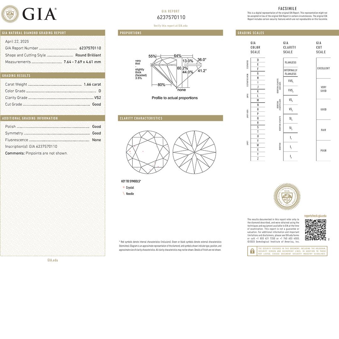 Diamante sfuso taglio Brilliante rotondo certificato GIA 1.66ct In condizioni ottime in vendita a Laguna Beach, CA