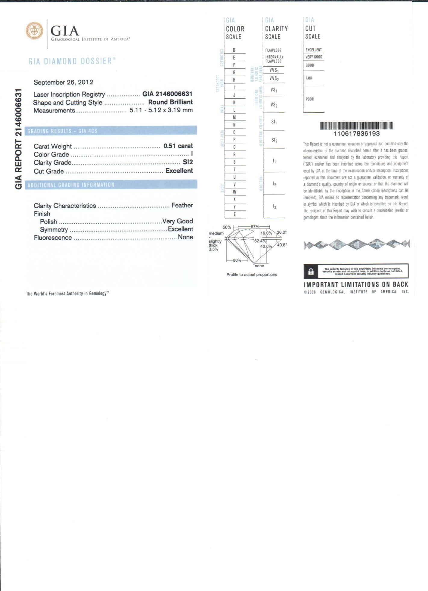 GIA Certified Round Brilliant Diamond Cts 0.51 Engagement Ring in 18k White Gold For Sale 4