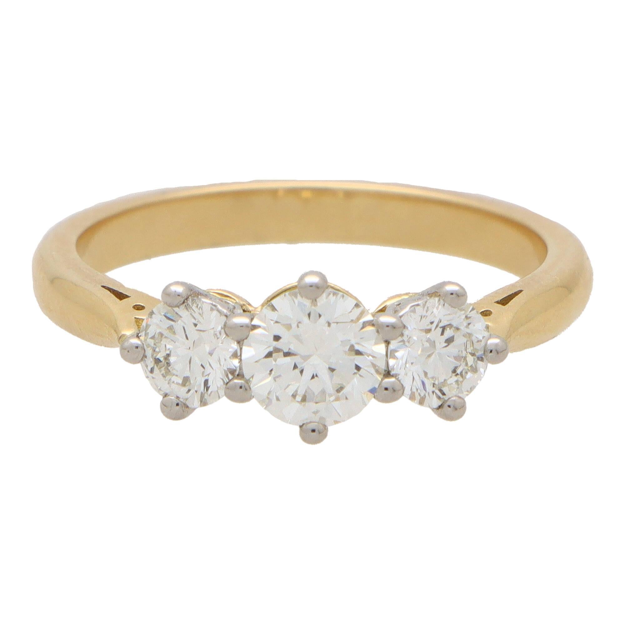 Modern GIA Certified Round Brilliant Diamond Three Stone Ring Set in 18k Yellow Gold