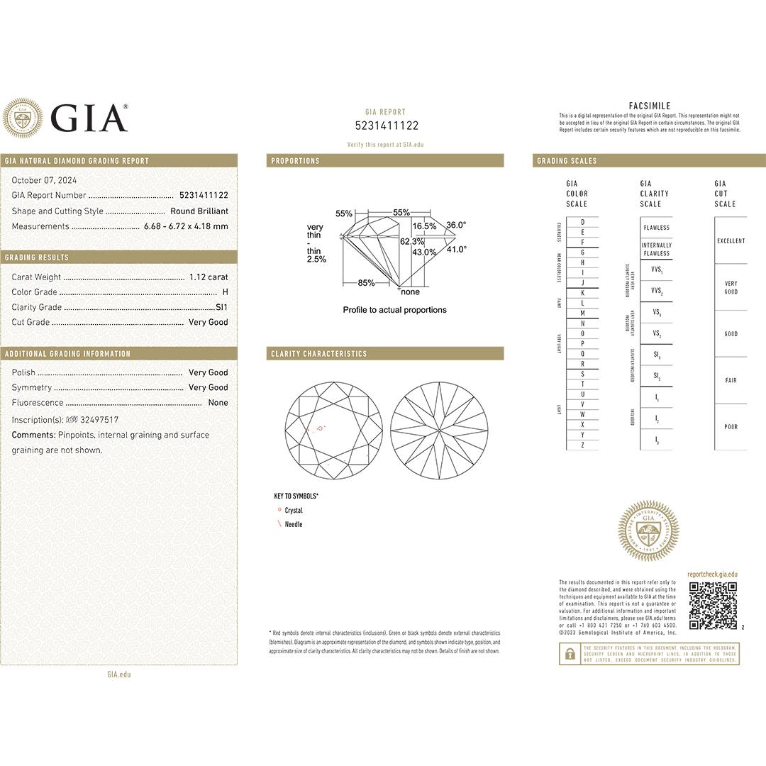 GIA Certified Round Brilliant Loose Diamond 1.12ct In Excellent Condition For Sale In Laguna Beach, CA