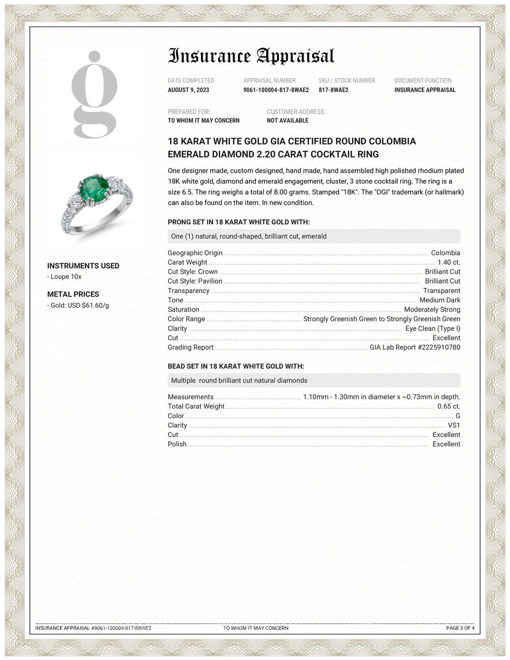Round Cut GIA Certified Colombian Emerald Diamond 2.85 Carat 18 Karat Gold Cocktail Ring For Sale