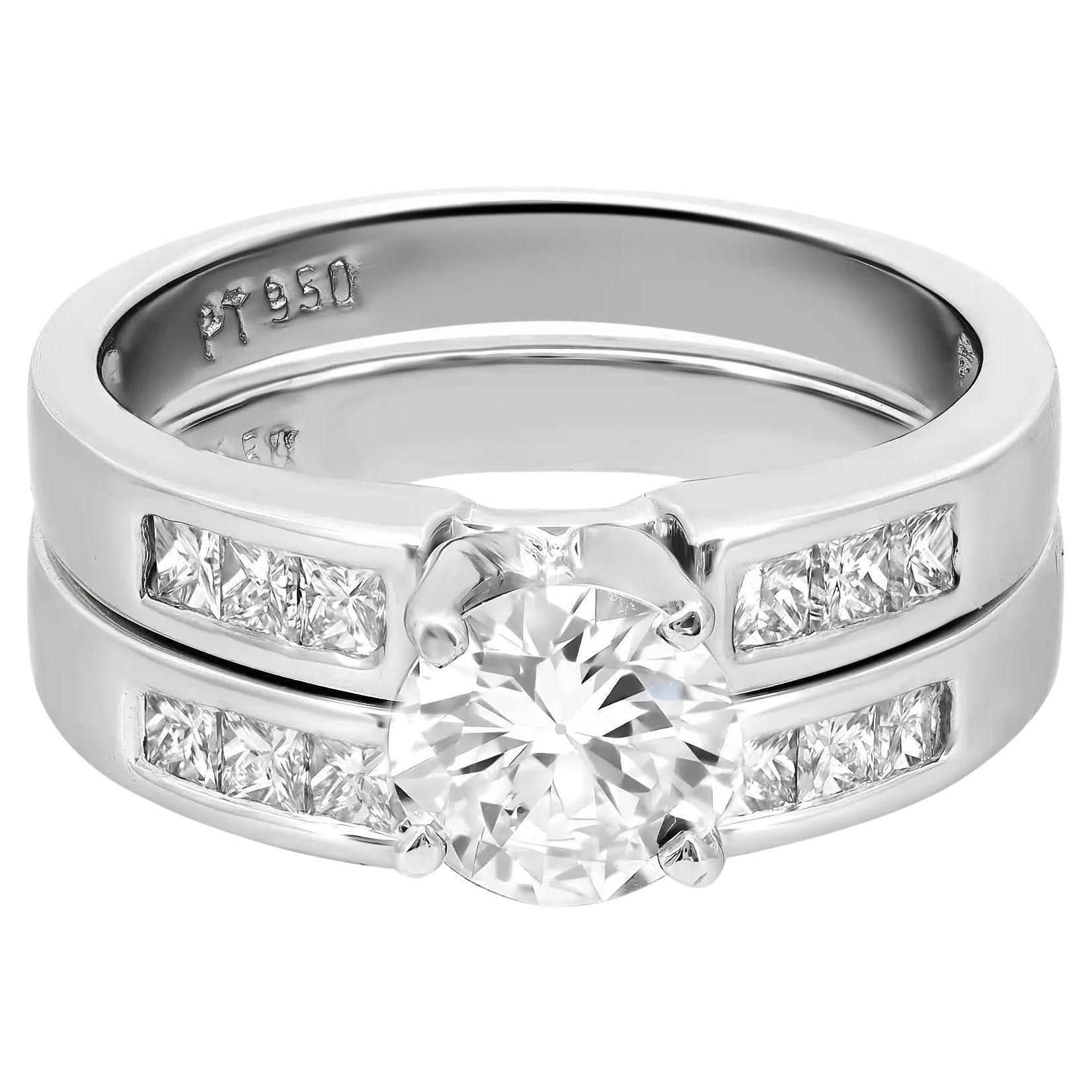 GIA Certified Round Cut Diamond Engagement Ring Set Platinum 0.79Cttw Size 5.5 For Sale