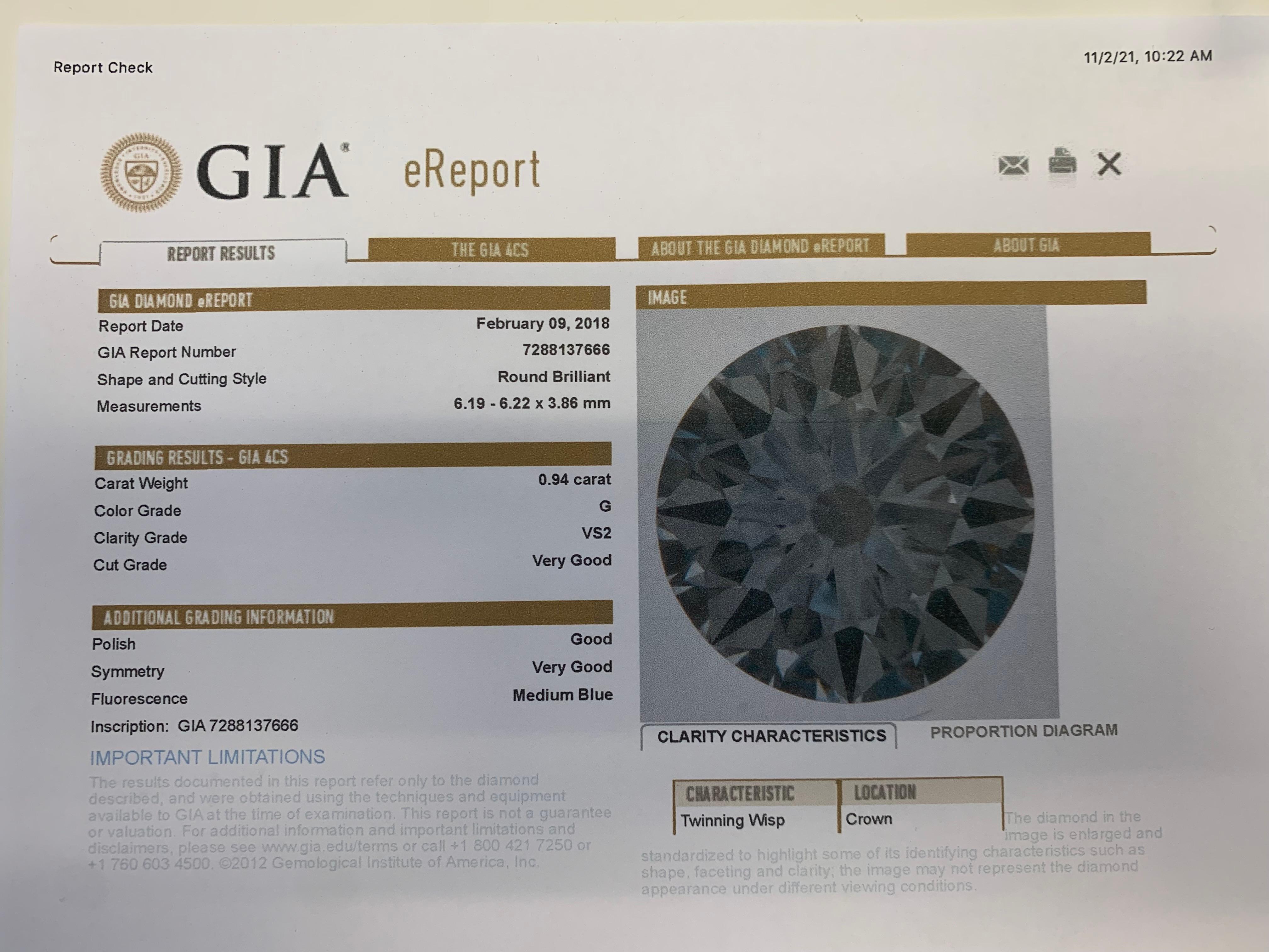 GIA Certified Round Cut Diamond Ring 0.94 Carat G Color, VS2 Clarity For Sale 2