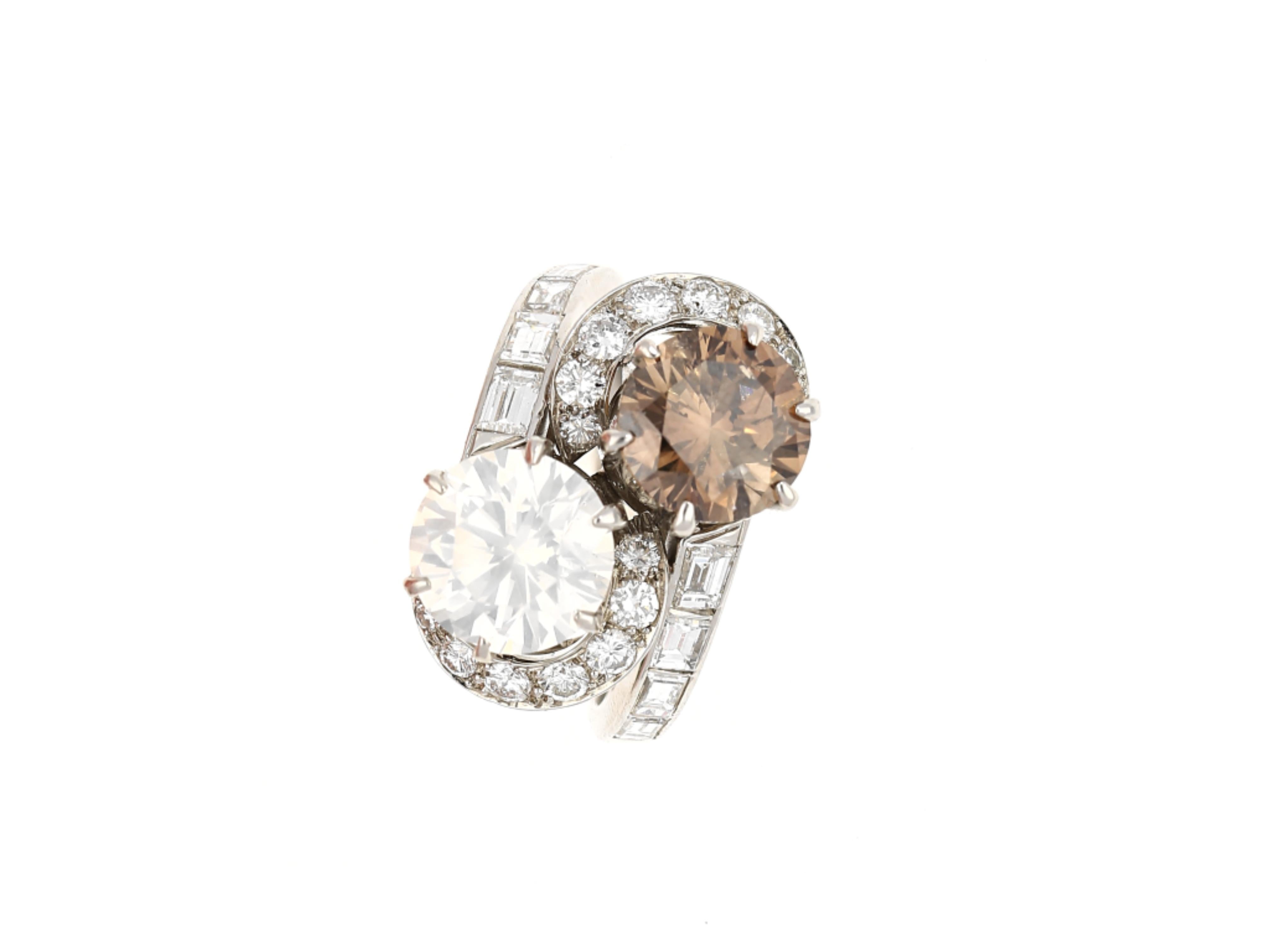 Modern GIA Certified Round Cut Fancy White & Brown Diamond Toi Et Moi Ring in Platinum For Sale