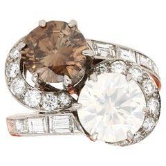 GIA Certified Round Cut Fancy White & Brown Diamond Toi Et Moi Ring in Platinum