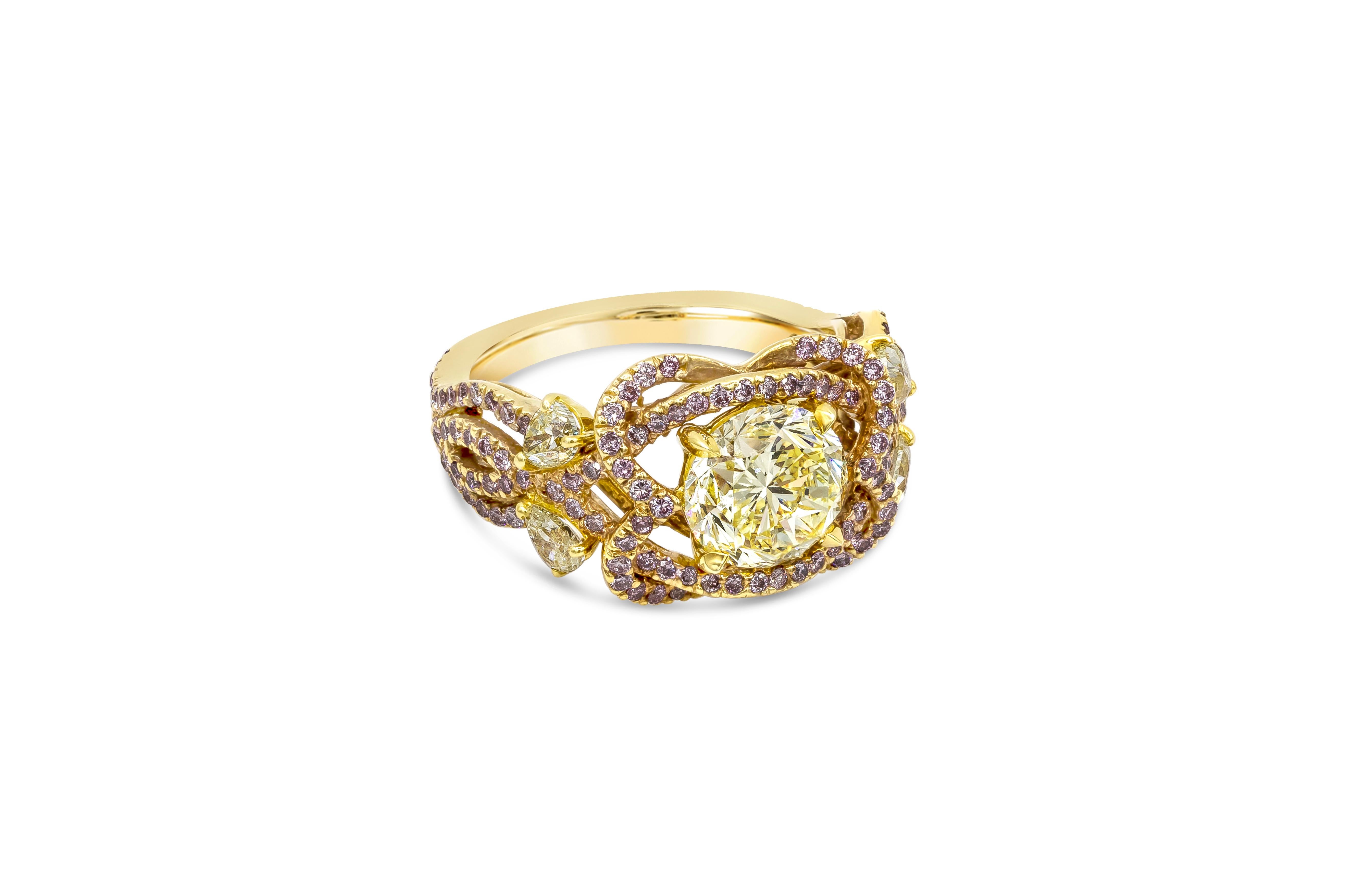 A unique and fashionable engagement ring style showcasing a 1.97 carats round brilliant diamond, certified by GIA as Fancy Intense Yellow color, VS1 in clarity. Center diamond is set in an open-work, intricately-designed weaving band accented with
