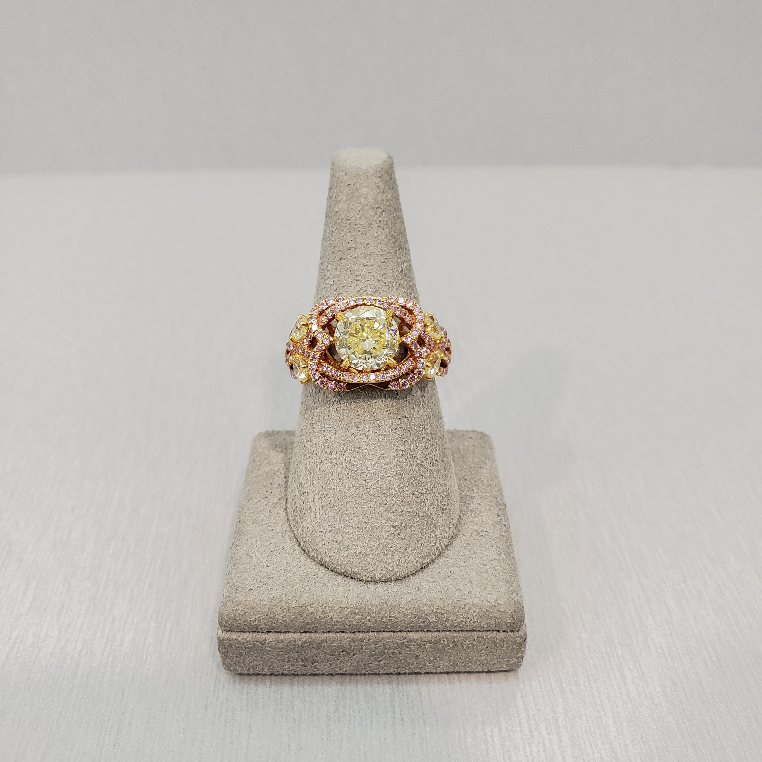Contemporary 1.97 Carats Mixed Cut Fancy Intense Yellow and Pink Diamond Engagement Ring For Sale
