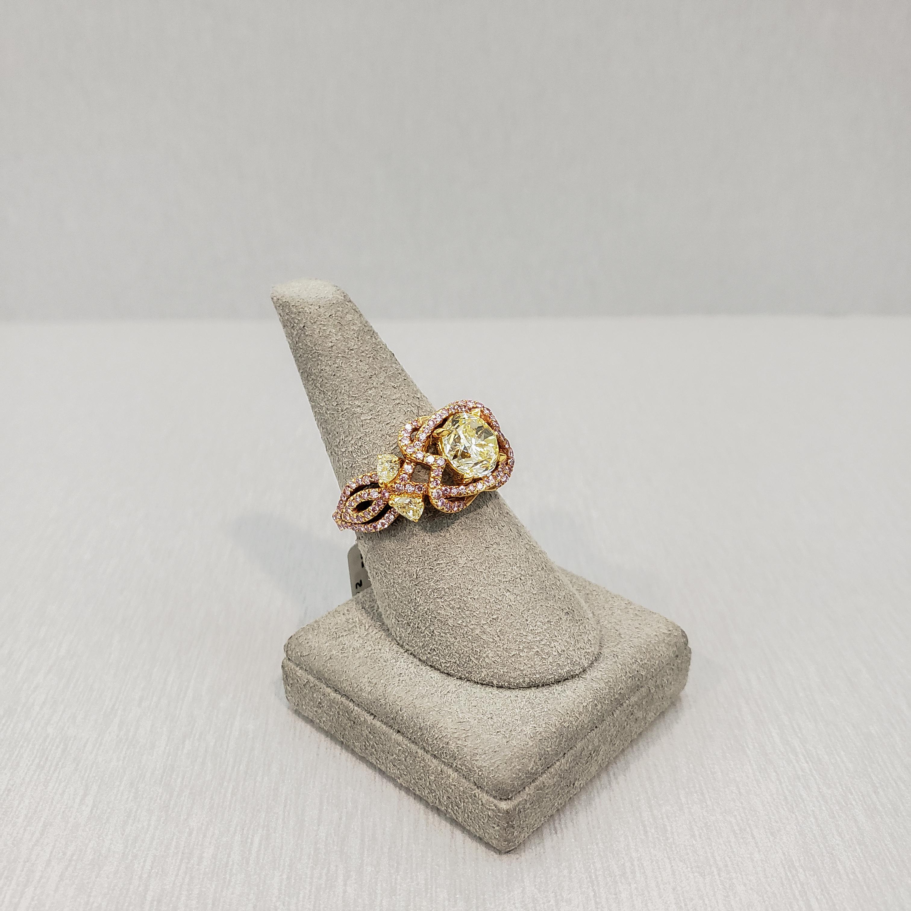 Bague de fiançailles en diamants jaunes et roses intenses de 1,97 carat de taille mixte en vente 1