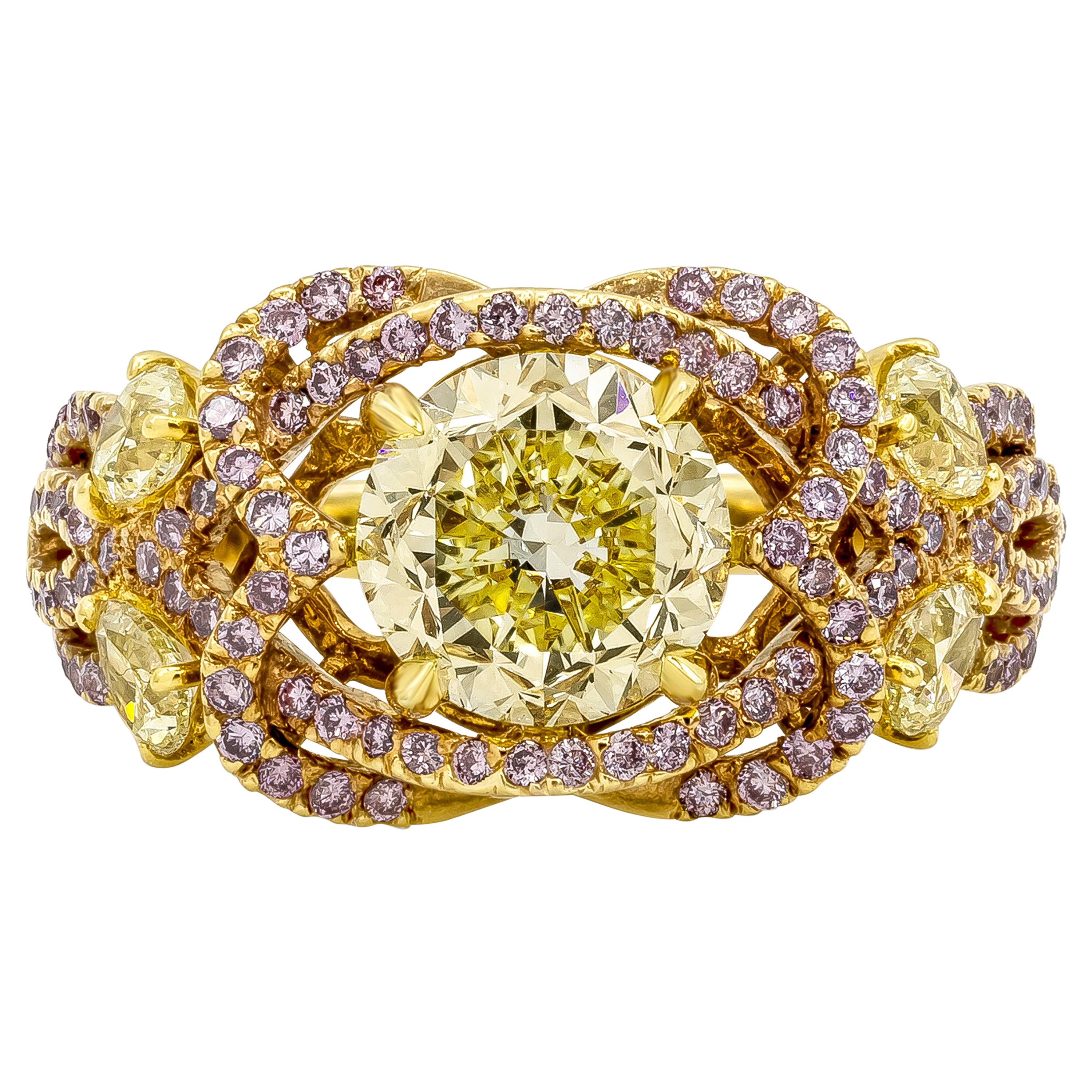 1.97 Carats Mixed Cut Fancy Intense Yellow and Pink Diamond Engagement Ring For Sale