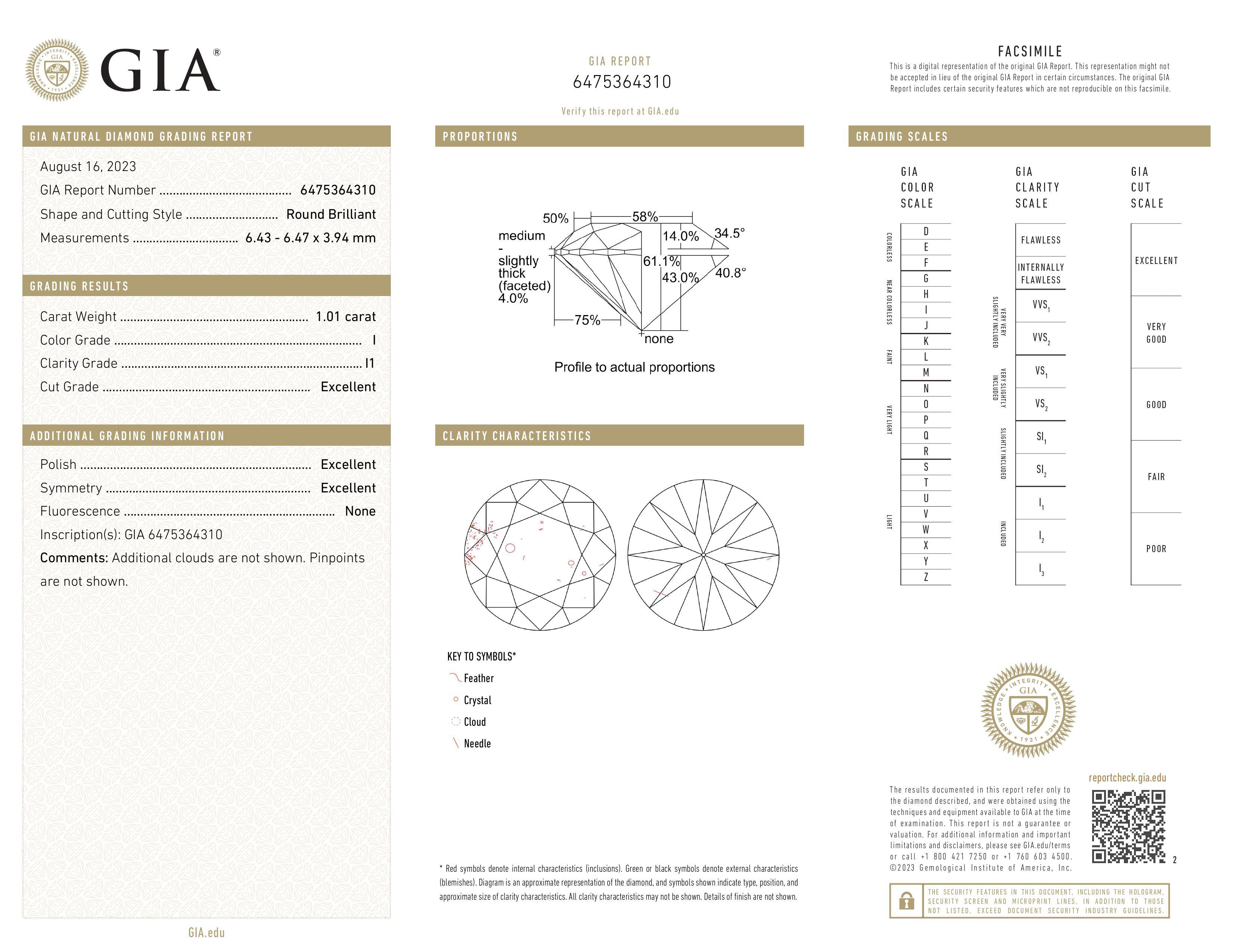 Diamante rotondo certificato GIA 1,01ct I I1 In condizioni Nuovo in vendita a Los Angeles, CA